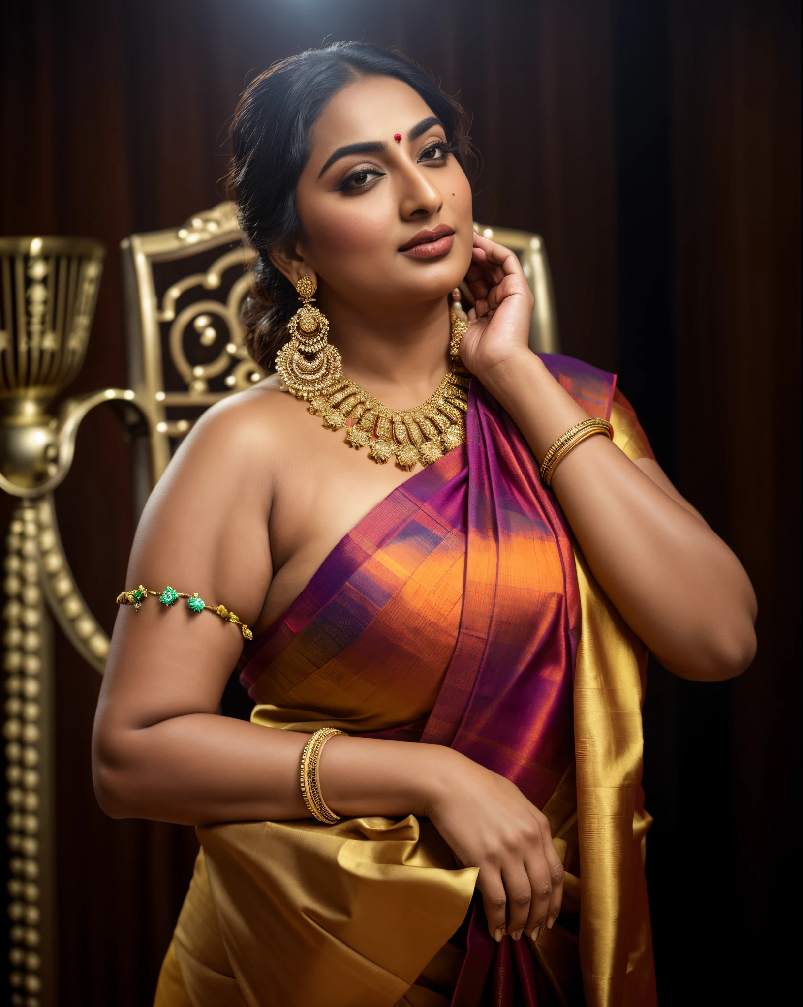 Foto RAW, photorealistic, photography, full body shot, master shot, goddess like beauty, perfect thick chubby mallu Desi aunty bhabhi, Wearing a Stanapatta, a chest-band.Saree model, model Photography, Indian saree shoot, Indian traditional wear advertising photography, traditional wear brand shoot, face of Indian actress Sonakshi Sinha, masterpiece, realistic, realism, incredible details, pleasure, photorealism, detailed skin, skin pores, high contrast, photorealistic Artstation 8k HD digital art trend of high definition and detailed realistic skin texture, ultra detail, realistic skin texture, armature, best quality, ultra high definition, (photorealistic:1.4),, high resolution, detail, raw photo, Re sharp, by Lee Jefferies Nikon D850 Film Stock Photo 4 Kodak Portra 400 Camera F1.6 Lens Rich Color Ultra Real Realistic Realistic Textures Dramatic Lighting Unreal Engine Trending at Art Station Cinestill 800,(pele altamente detalhada: 1.2), 8k UHD, DSLR, soft-lighting, alta qualidade, grain of film, Fujifilm XT3,she didn't like to wear blouse or bra, she happy to wear only saree, she hates blouse or bra,