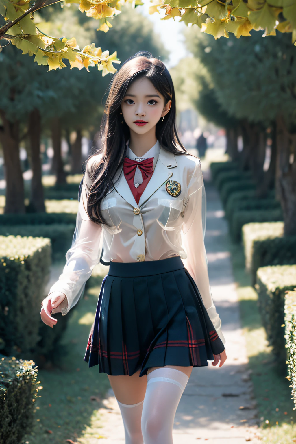 (( A girl walking along a row of ginkgo trees))，Charming eyes，Heartwarming action，Turn your face away from the camera，stooped，Bend over，turn back，Look up at your head，thick and long black hair，Highly detailed body，Highly detailed face，best qualtiy、(P boobs iNK underwear),(High School Girls),((White Blazer、emblem on breasts))、((Translucent blouse)),((red bowtie)),((navy check flare skirt)),(black stocking loafers