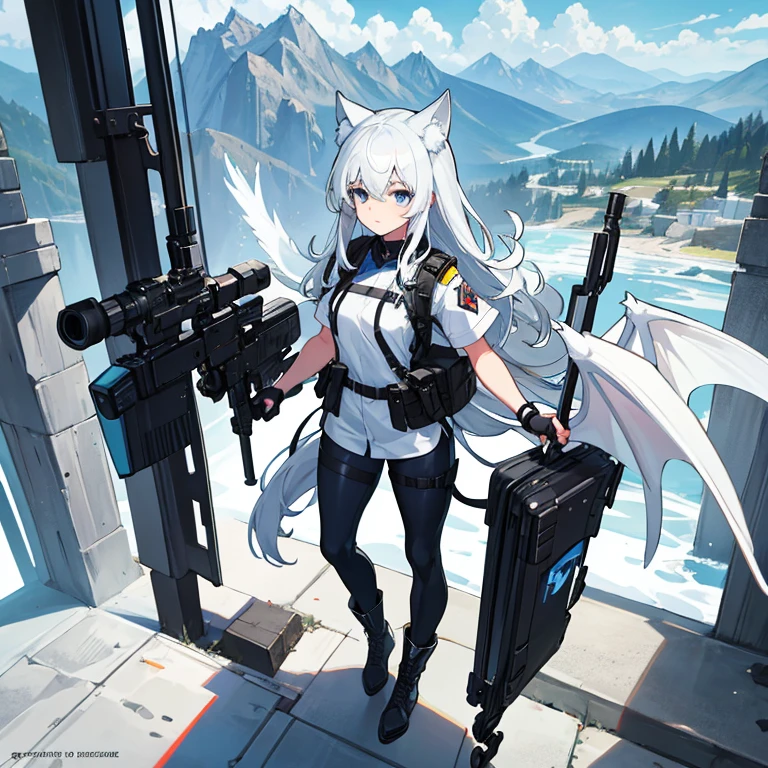 8k resolution, high quality, high resolution, best quality, best resolution, absurd resolution, ray tracing, high detailed, white hair, female,white wolf ears, teenage girl, slim body, white scale dragon tail,black combat boots,dark camo pants, black t-shirt, combat medic backpack, detailed blue eyes, beautiful face, white dragon wings, holding her MP5, medium size chest