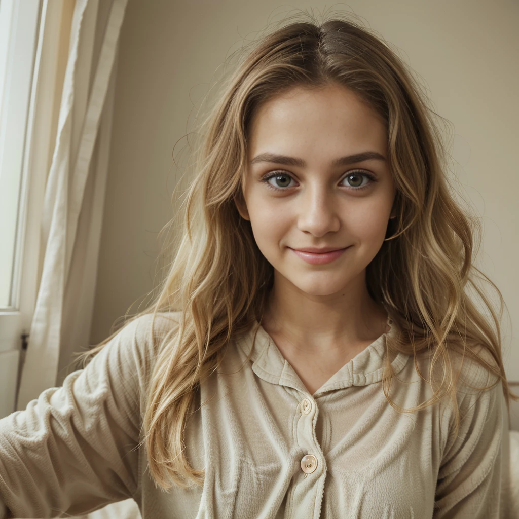 Cute italian girl, blonde hair, wavy hair, green big eyes, potrait for instagram, brown pajama, smooth white skin, realistic, happy face, brown pajama