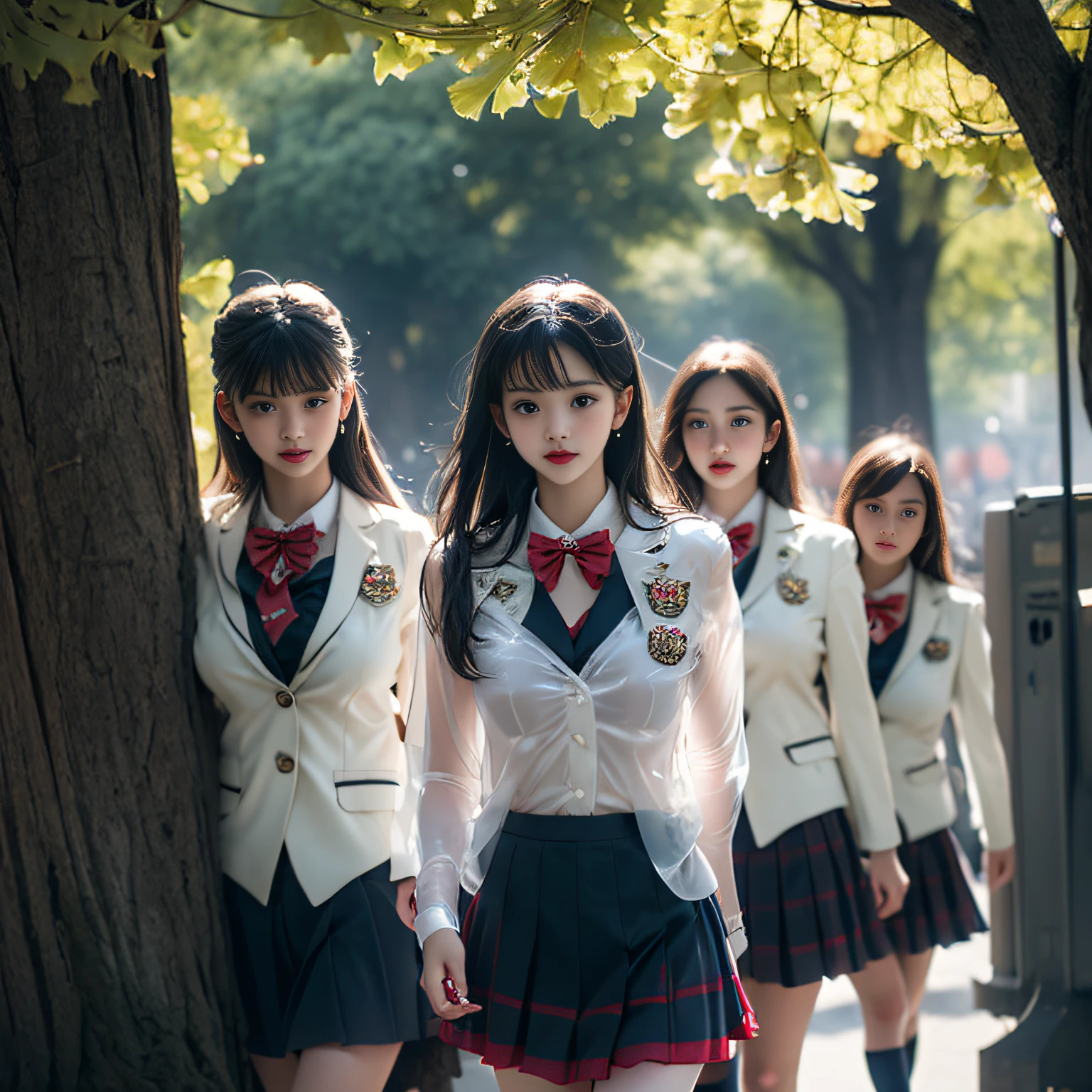 (( Girls walking along the ginkgo trees))，Charming eyes，Heartwarming action，Turn your face away from the camera，stooped，Bend over，turn back，Look up at your head，thick and long black hair，Highly detailed body，Highly detailed face，best qualtiy、(P boobs iNK underwear),(High School Girls),((White Blazer、emblem on breasts))、((Translucent blouse)),((red bowtie)),((navy check flare skirt)),(black stocking loafers