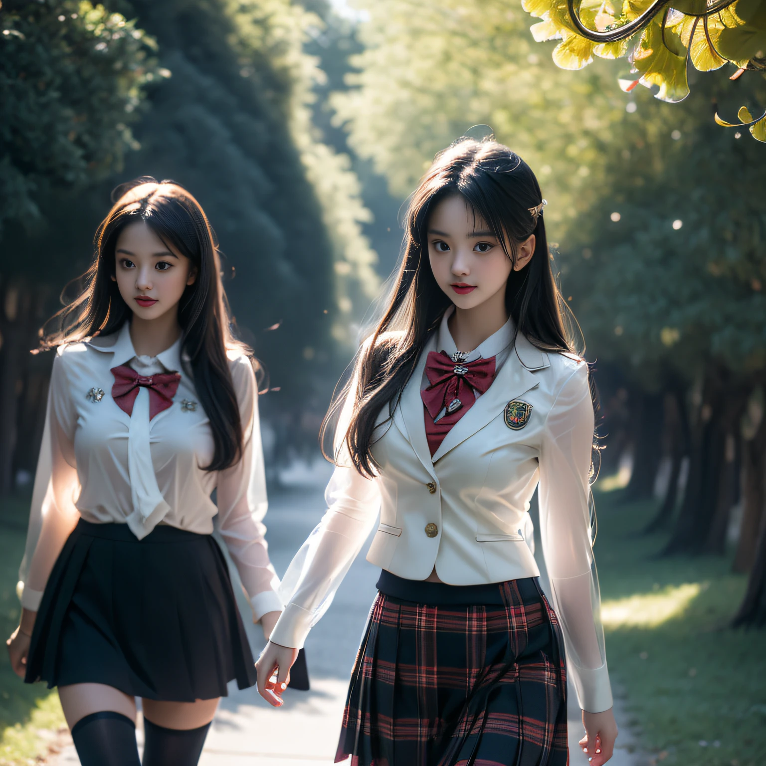 (( Girls walking along the ginkgo trees))，Charming eyes，Heartwarming action，Turn your face away from the camera，stooped，Bend over，turn back，Look up at your head，thick and long black hair，Highly detailed body，Highly detailed face，best qualtiy、(P boobs iNK underwear),(High School Girls),((White Blazer、emblem on breasts))、((Translucent blouse)),((red bowtie)),((navy check flare skirt)),(black stocking loafers