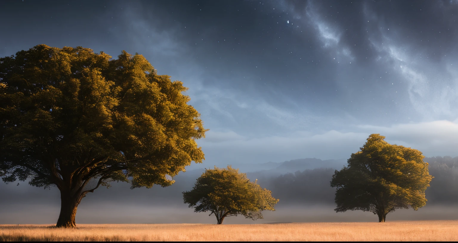 trees in a field against the sky and bright light, Epic fairytale fantasy landscape, Mystical fantasy landscape, Magical landscape, Dreamy landscape, Atmospheric fantasy sky, The Fantasy Tree, Moody foggy fantasy art, fantasy atmospheric lighting, Magical colors and atmosphere, Night natural landscape, beautiful art uhd 4 k, The Magic Tree, highly detailed 4k digital art, Epic awesome atmosphere