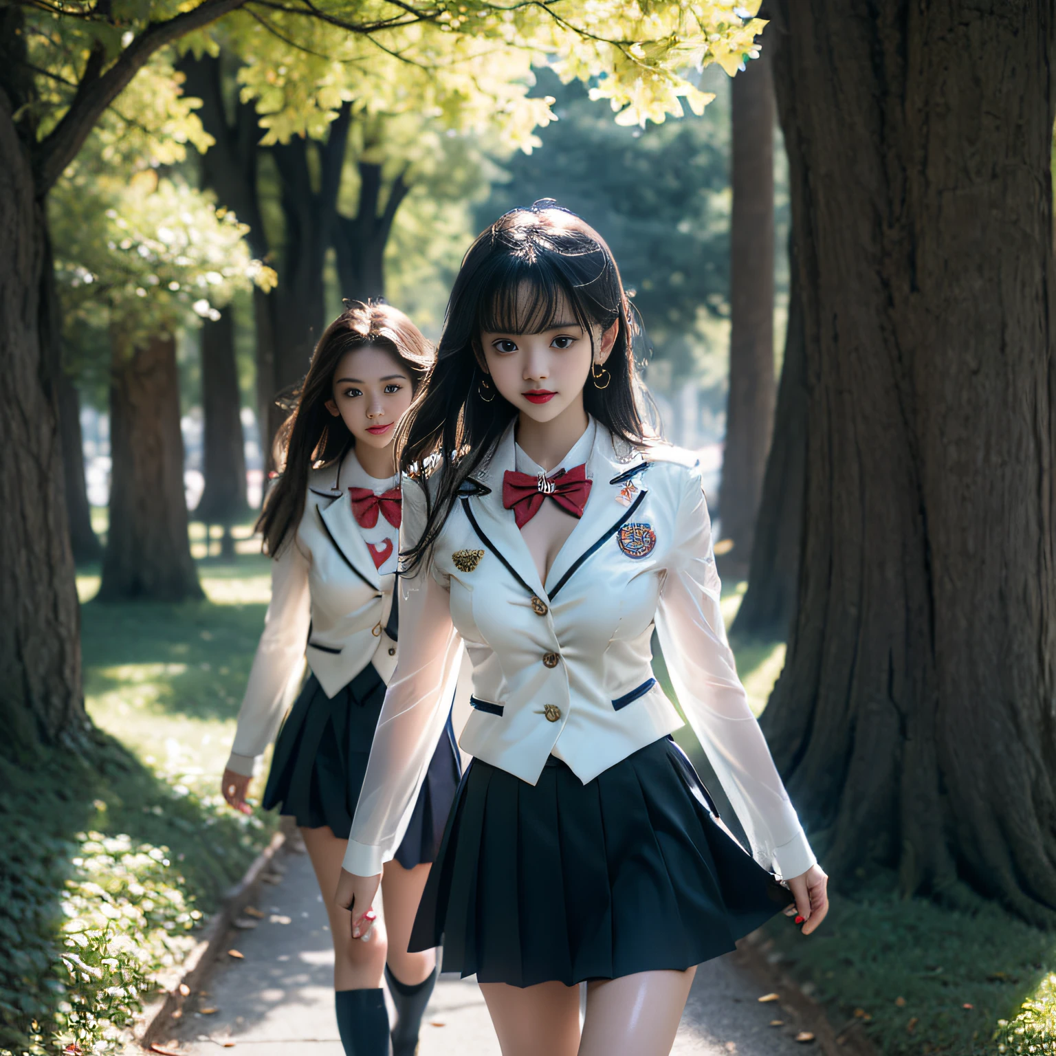 (( Girls walking along the ginkgo trees)),Charming eyes,Heartwarming action,Turn your face away from the camera,stooped,Bend over,turn back,Look up at your head,thick and long black hair,Highly detailed body,Highly detailed face,best qualtiy、(P boobs iNK underwear),(High School Girls),((White Blazer、emblem on breasts))、((Translucent blouse)),((red bowtie)),((navy check flare skirt)),(black stocking loafers