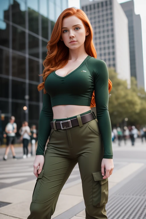 arafed woman in a black top and green pants posing for a picture, amouranth, better known as amouranth, amouranth as a super villain, kim possible, tight outfit, young beautiful amouranth, redhead girl, tight attire, casual pose, redhead, wearing black tight clothing, character is in her natural pose, ( redhead