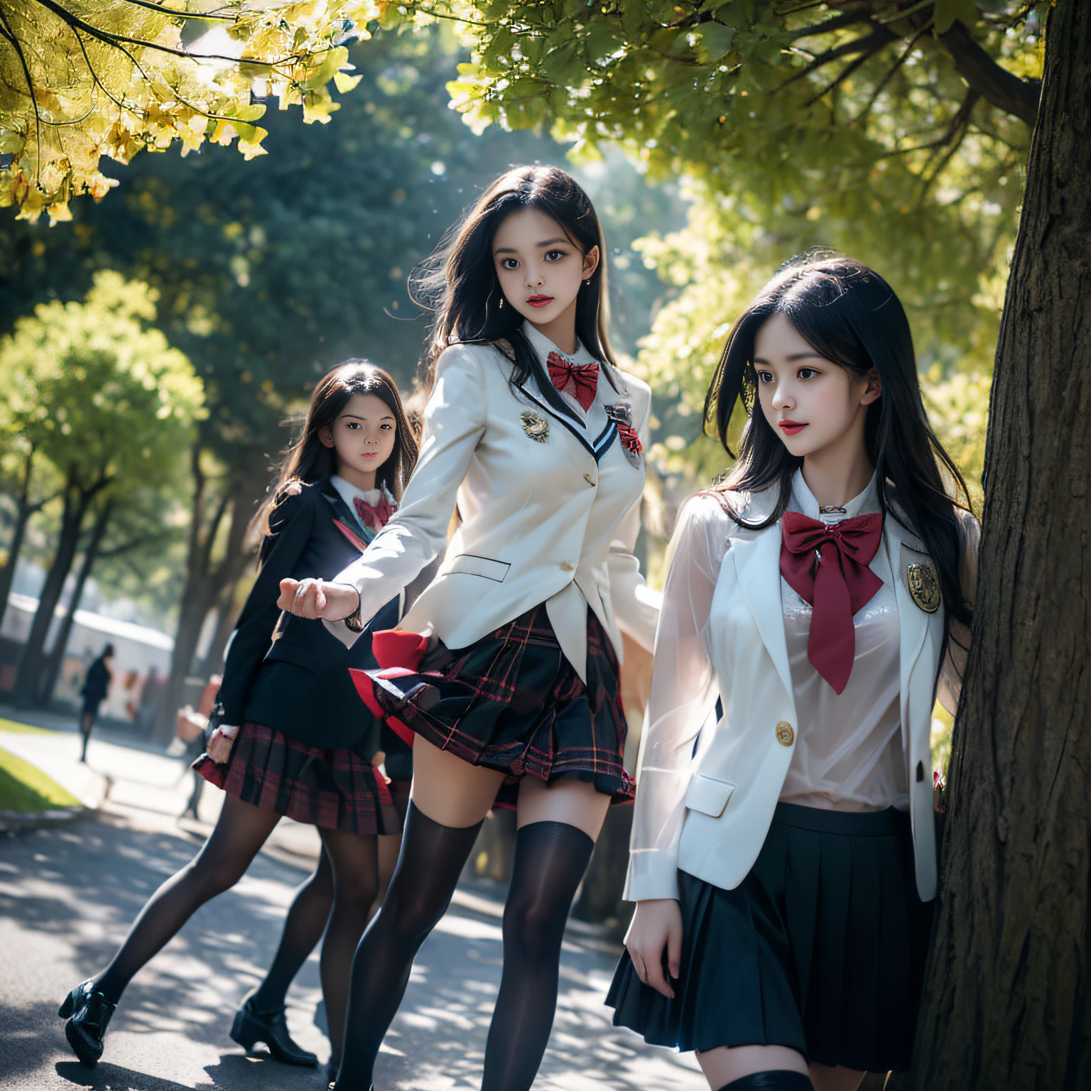 (( Girls walking along the ginkgo trees)),Charming eyes,Heartwarming action,Turn your face away from the camera,stooped,Bend over,turn back,Look up at your head,thick and long black hair,Highly detailed body,Highly detailed face,best qualtiy、(P boobs iNK underwear),(High School Girls),((White Blazer、emblem on breasts))、((Translucent blouse)),((red bowtie)),((navy check flare skirt)),(black stocking loafers