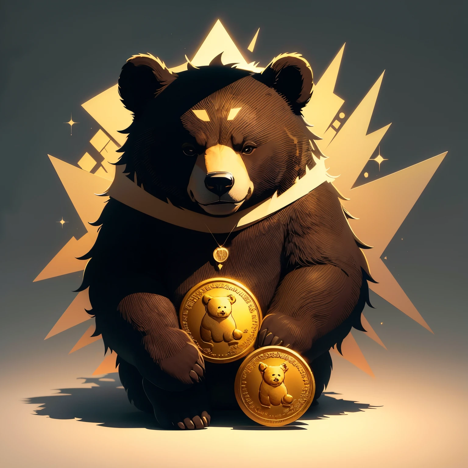 /imagine prompt: Bear illustration sticker on black background, Bold silhouette style, jagged edges, gold coin core, Light and shadow --V 5.2