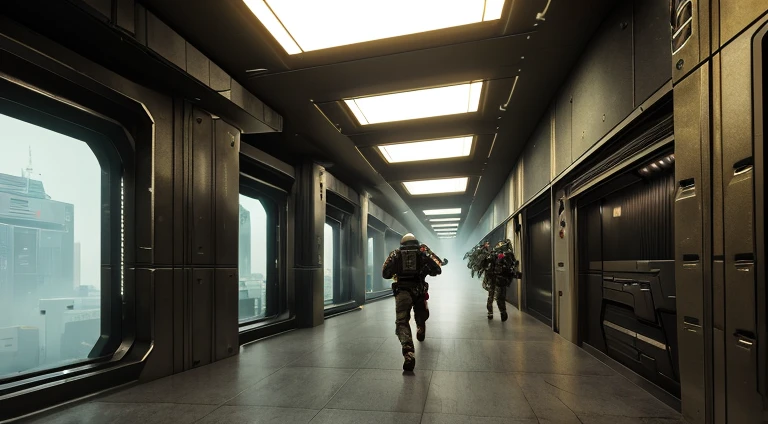 mercenaries running in a spaceship corridor with guns, masterpiece, intense action, dark lighting, metallic textures, atmospheric, cyberpunk, shadows, smoke, high-tech equipment, adrenaline-filled, intense motion, dystopian, chaotic, danger, combat, futuristic architecture, [space-themed background], (best quality, 4k, highres), ultra-detailed,