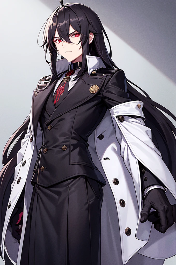 A man with long hair and red eyes, wearing a large white coat over a black woolen shirt with a high collar. His hair cascades down his shoulders in loose waves, framing his face. His eyes, a striking shade of red, seem to glow with intensity. The white coat he wears is oversized, reaching down to his thighs, and is adorned with intricate patterns and decorative buttons. Underneath the coat, the black woolen shirt with a high collar adds a touch of sophistication to his look. The collar hugs his neck, creating a sleek and stylish silhouette.