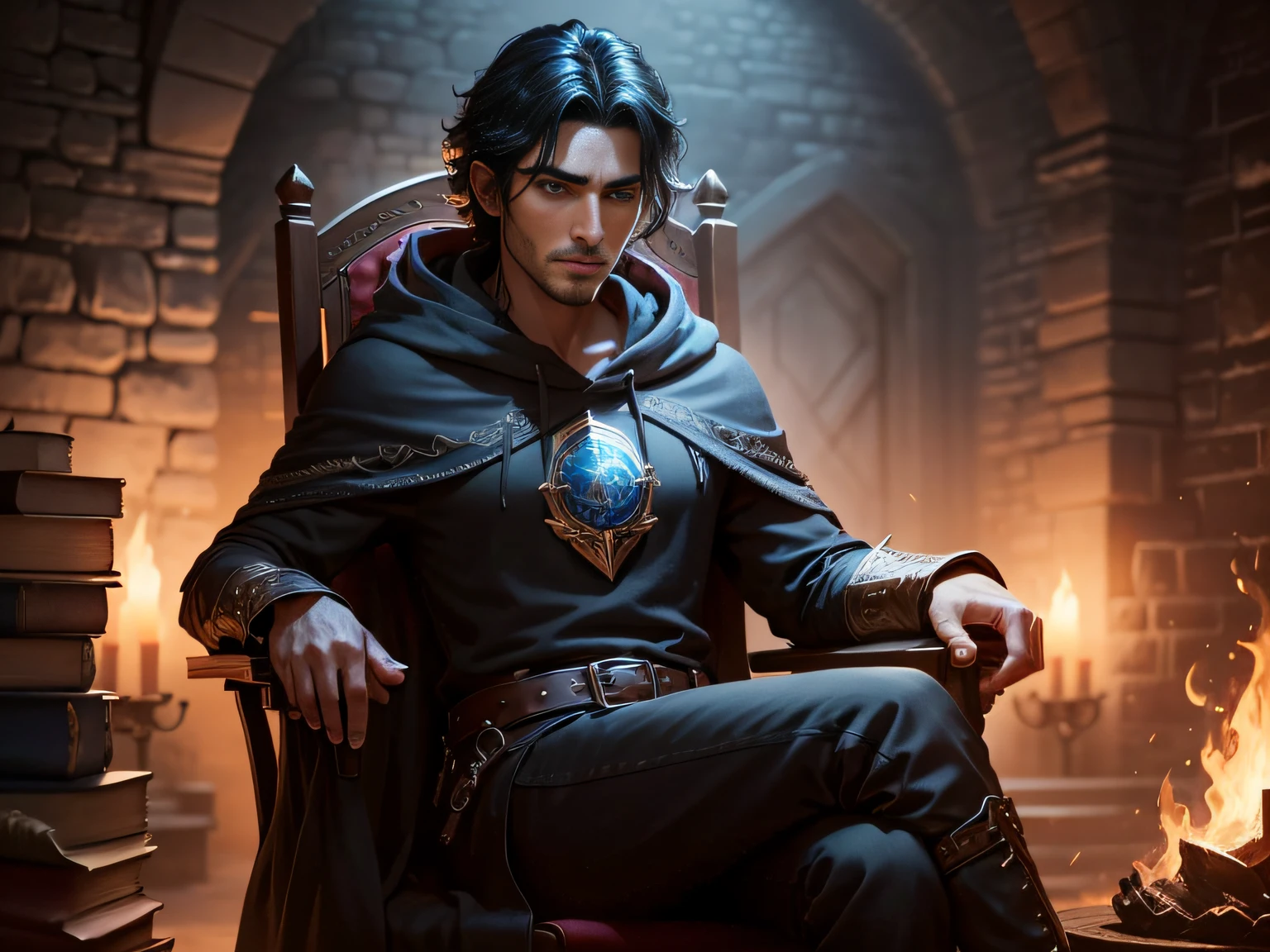 1 Brave and handsome man, fantasy mage, (ah high, black hair of medium length), Cinematic, ультрадетализация 4k, wearing a hoodie. sits in a chair