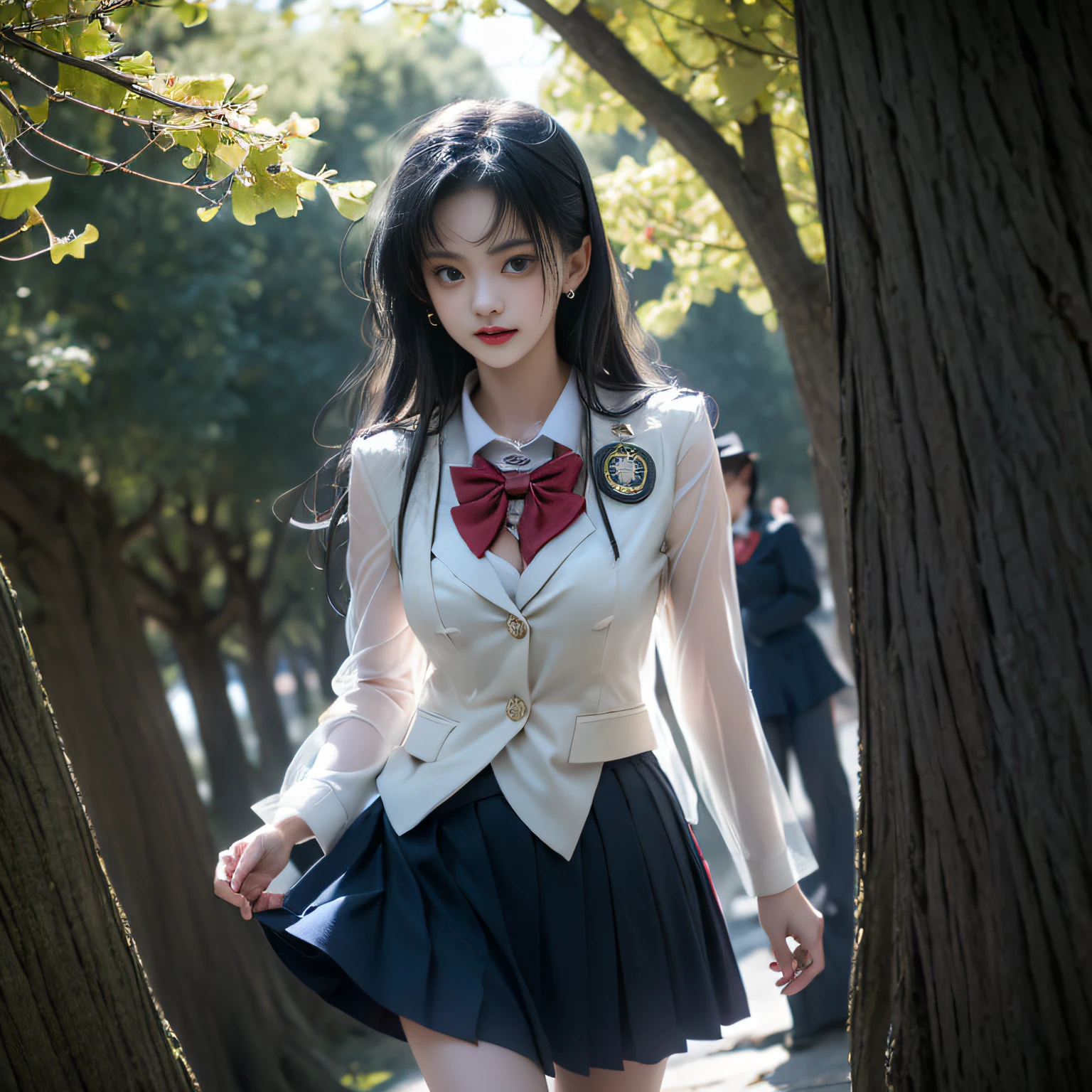 (( Girls walking along the ginkgo trees)),Charming eyes,Heartwarming action,Turn your face away from the camera,stooped,Bend over,turn back,Look up at your head,thick and long black hair,Highly detailed body,Highly detailed face,best qualtiy、(P boobs iNK underwear),(High School Girls),((White Blazer、emblem on breasts))、((Translucent blouse)),((red bowtie)),((navy check flare skirt)),(black stocking loafers