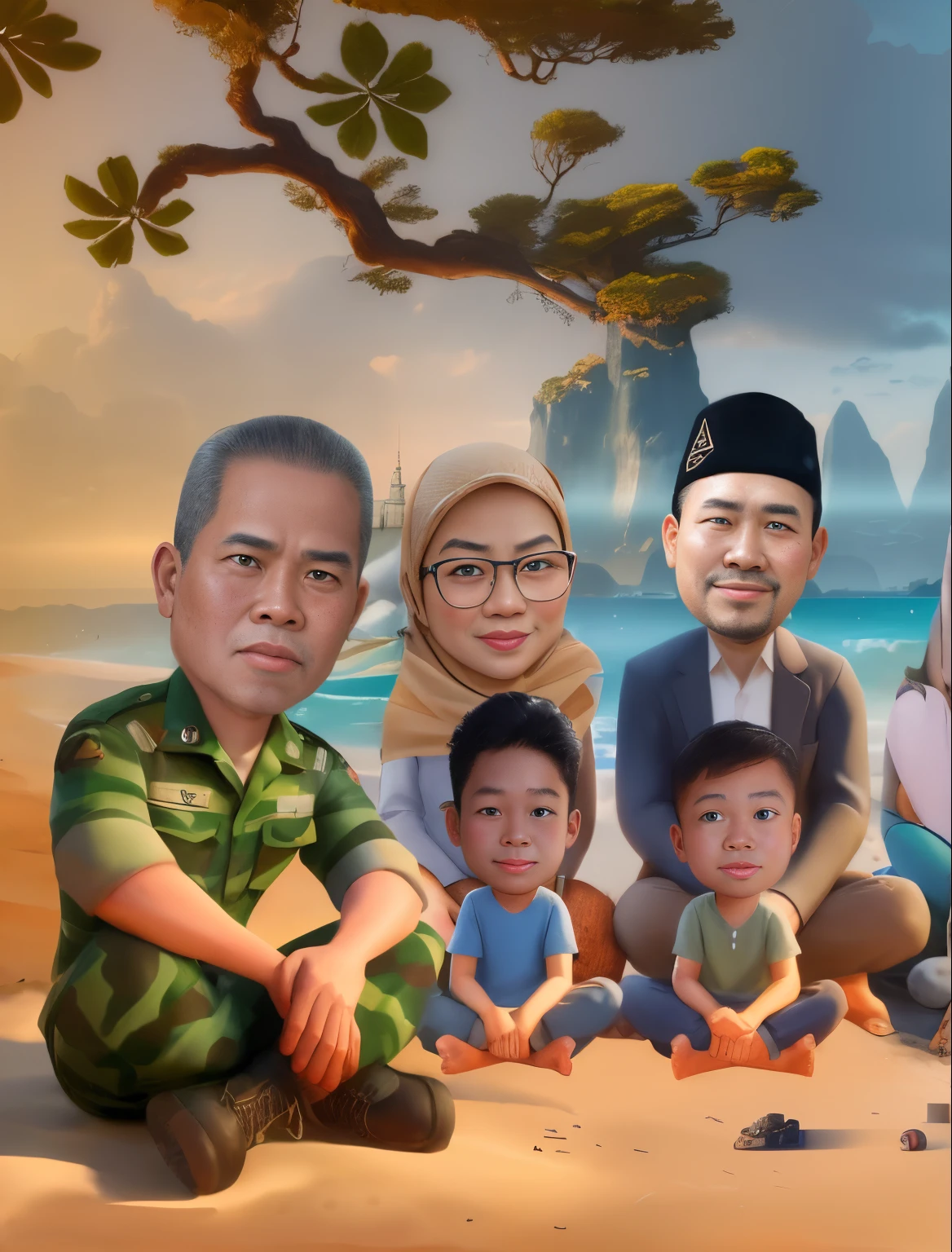 there are many people sitting on the beach together, cartoon digital painting, an indonesian mislim family portrait, background Beautiful seas and hills, in cartoon style, digital art cartoon, realism artstyle, cartoon artstyle, cartoon digital art, realistic cartoon, family, cartoon art, potrait, digital cartoon painting art, by Abidin Dino, caricature illustration, full protrait, cartoon art style, caricature style