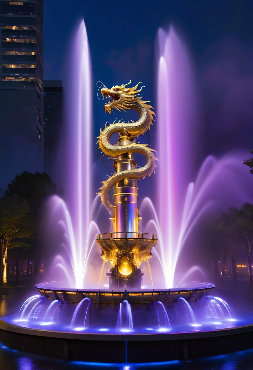 Spectacular futuristic sci-fi nighttime fountain erupting from a steam engine,sparkling silver water column.There a Chinese golden dragon spraying water in this water column,Emit purple energy,and emits a slight blue light,Make the entire fountain look mysterious and high-tech。 The shape of the water column in the fountain also very futuristic........