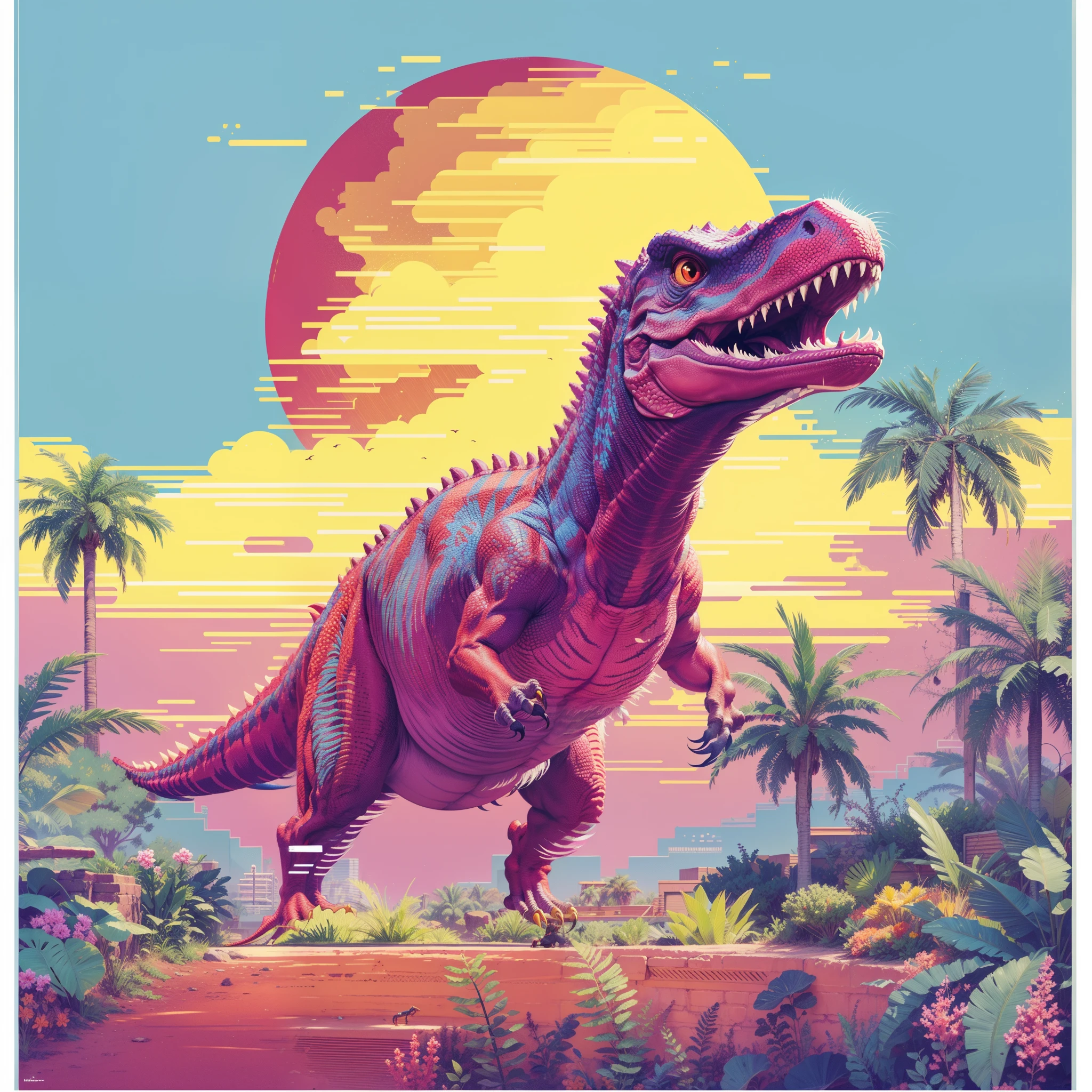 ultra realistic full embroidery tyrannosaurus rex embroidery art um close de um dinossauro em um campo com palmeiras, dinossauro pixel art, Dinossauro Trex, Jurassic image, arte detalhada do pixel, Jen Bartel, Tiranossauro rex, retro art, Trex, Dino cromado, Altamente detalhado Hyper Real Retro, pintura digital altamente detalhada, estilo de arte outrun, Epic retrowave art, cores altamente detalhadas, t - rex