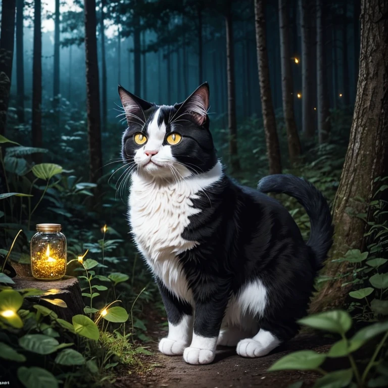 Fluffy tuxedo cat looking curiously at jar filled with fireflies. The location is in a forest at night