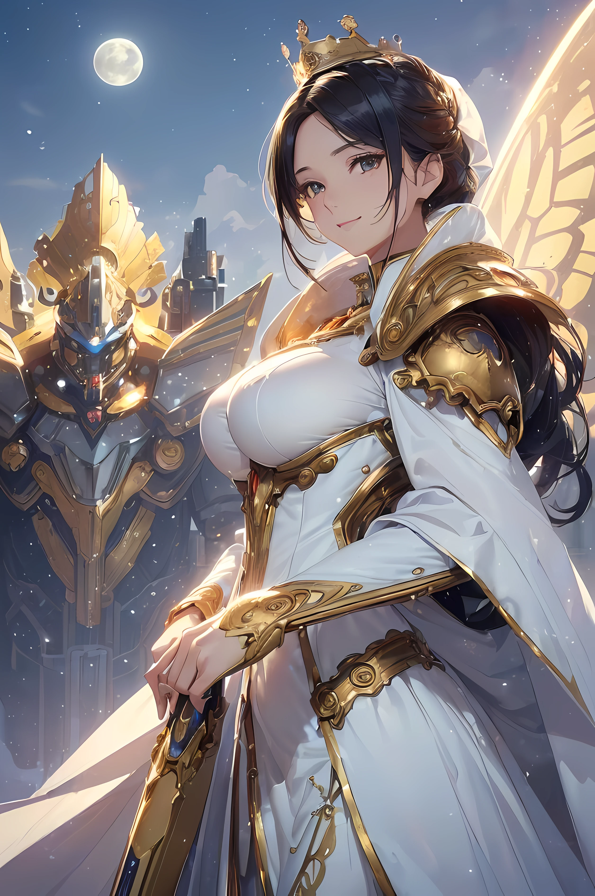 A beautiful woman, legendary, ((((realistic oil art, 46-year-old Empress, vibrant look, ((moon armor mecha, white gown, white robe, golden gears, steampunk mecha, google, white bluish helmet, white bluish crown, steampunk cloth)), top of the mountain, 1girl, masterpiece, extremely detailed, (beautiful detailed glow), lens flare, moon, clouds, backlighting, (blue sky), female mecha, golden line mecha, golden cloth ornament, armor ornament, soft blue details, white bluish color cloth, shiny black color ornament, holding a steampunk weapon
, light from behind, shadow on the figure, sparkling snow ,smile, laughter, standing in the distance, looking at the viewer, full-length
, elegance under the sun, hair ornament, movement motion, image look alive, perfect body figure, very big breast, very big ass, beautiful face, milf, royal, black color hair, shine eyes, golden eyes, ponytail short hair style, beautiful skin, Extremely details hair, fine details, cinematic lighting, beautiful lighting effect, creative design, full body frame, divine aura, hard harmony , moon light, perfect color transition, perfect balance of contrast, perfect color layer, perfectly smooth color blur, soft rendering, smooth color stroke, moon glare, optic lens, moonlight ray, soft colors, smooth colors blend, perfect color rendering, harmony, perfect color harmony, beautiful color, soft harmony, light particles, perfect details, intricate details, color prism, fine details, refine details, intricate clothes details, fine clothes, smooth fabric clothes texture, different view point))), Tachibana Omina art style, affectionate eyes, half a smile, slightly open mouth, a gentle expression on his face, serene scenery of flower under the snow, snow flake floating around, calm, breeze and moonlight, moon, in the background, butterflies in the sky, realism, ((Best quality))),8k,((Masterpiece)),(Extremely refined and beautiful)