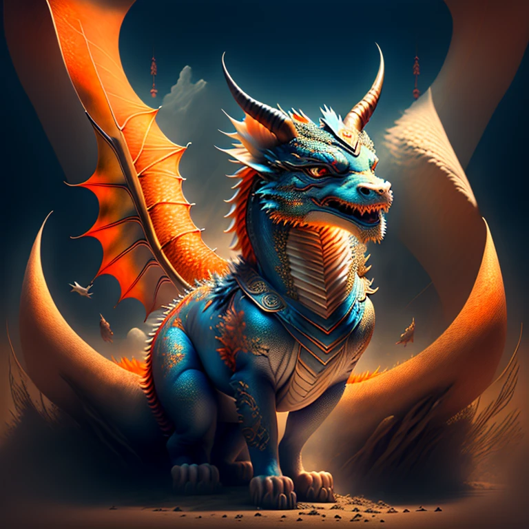 Legends about the dragon date back to time immemorial, when records of this animal appeared in the book called Zhōu Yì (Zhou Yi). In it, it is stated that both storm clouds, lightning and thunder were caused by dragons, magical animals. According to drawings preserved in historical relics, the images of dragons, in addition to being very simple, show different aspects from each other until the Tang (618-907) and Song (960-1279) dynasties, periods in which the image of the dragon evolved until become the modern animal we know today. However, the most curious thing is that the Chinese never knew, until they entered modern society, that the dragon did not really exist, but only resided in the imagination and in the legends that were transmitted from generation to generation. Since ancient times, everyone knew about the existence of this animal without anyone having seen it with their own eyes. The clash was presented in a visually stunning combination of realism and traditional Chinese art elements, highly detailed, with vibrant and atmospheric lighting., highly detailed, monet, blue, orange, gray, ShoeAI, (best quality, 8k, high resolution, masterpiece)