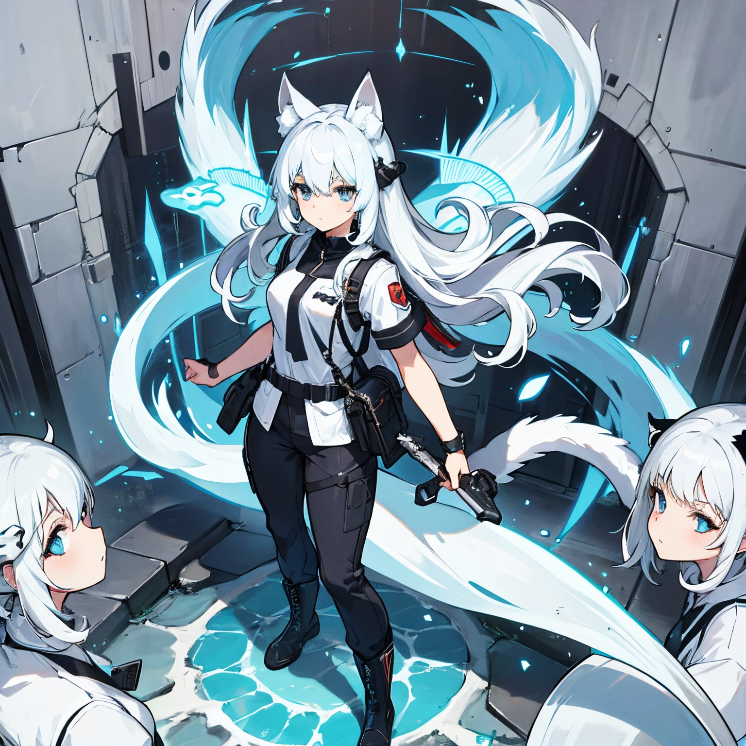 8k resolution, high quality, high resolution, best quality, best resolution, absurd resolution, ray tracing, high detailed, white hair, female,white wolf ears, teenage girl, slim body, white scale dragon tail,black combat boots,dark camo pants, black t-shirt, combat medic backpack, white scale dragon tail , detailed blue eyes, beautiful face, medium size chest
