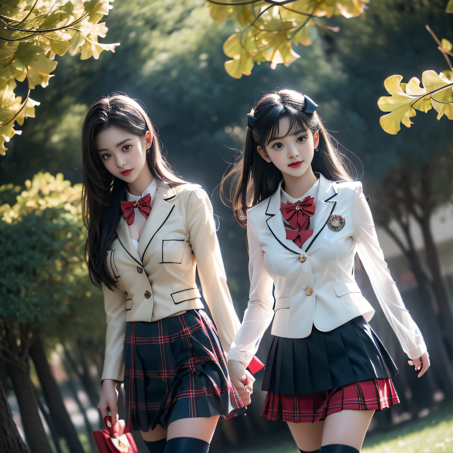 (( Girls walking along the ginkgo trees)),Charming eyes,Heartwarming action,Turn your face away from the camera,stooped,Bend over,turn back,Look up at your head,thick and long black hair,Highly detailed body,Highly detailed face,best qualtiy、(P boobs iNK underwear),(High School Girls),((White Blazer、emblem on breasts))、((Translucent blouse)),((red bowtie)),((navy check flare skirt)),(black stocking loafers