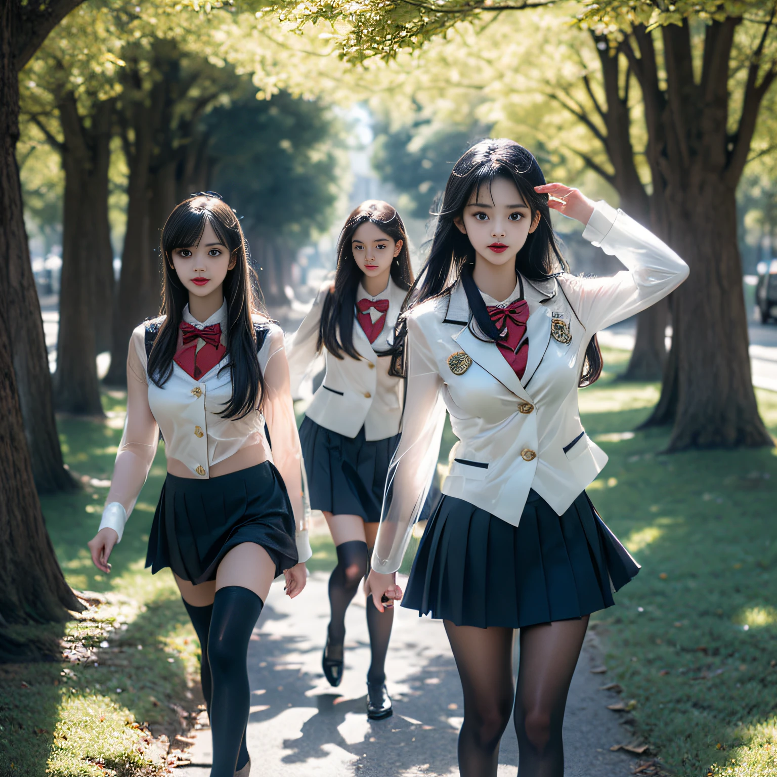 (( Girls walking along the ginkgo trees))，Charming eyes，Heartwarming action，Turn your face away from the camera，stooped，Bend over，turn back，Look up at your head，thick and long black hair，Highly detailed body，Highly detailed face，best qualtiy、(P boobs iNK underwear),(High School Girls),((White Blazer、emblem on breasts))、((Translucent blouse)),((red bowtie)),((navy check flare skirt)),(black stocking loafers