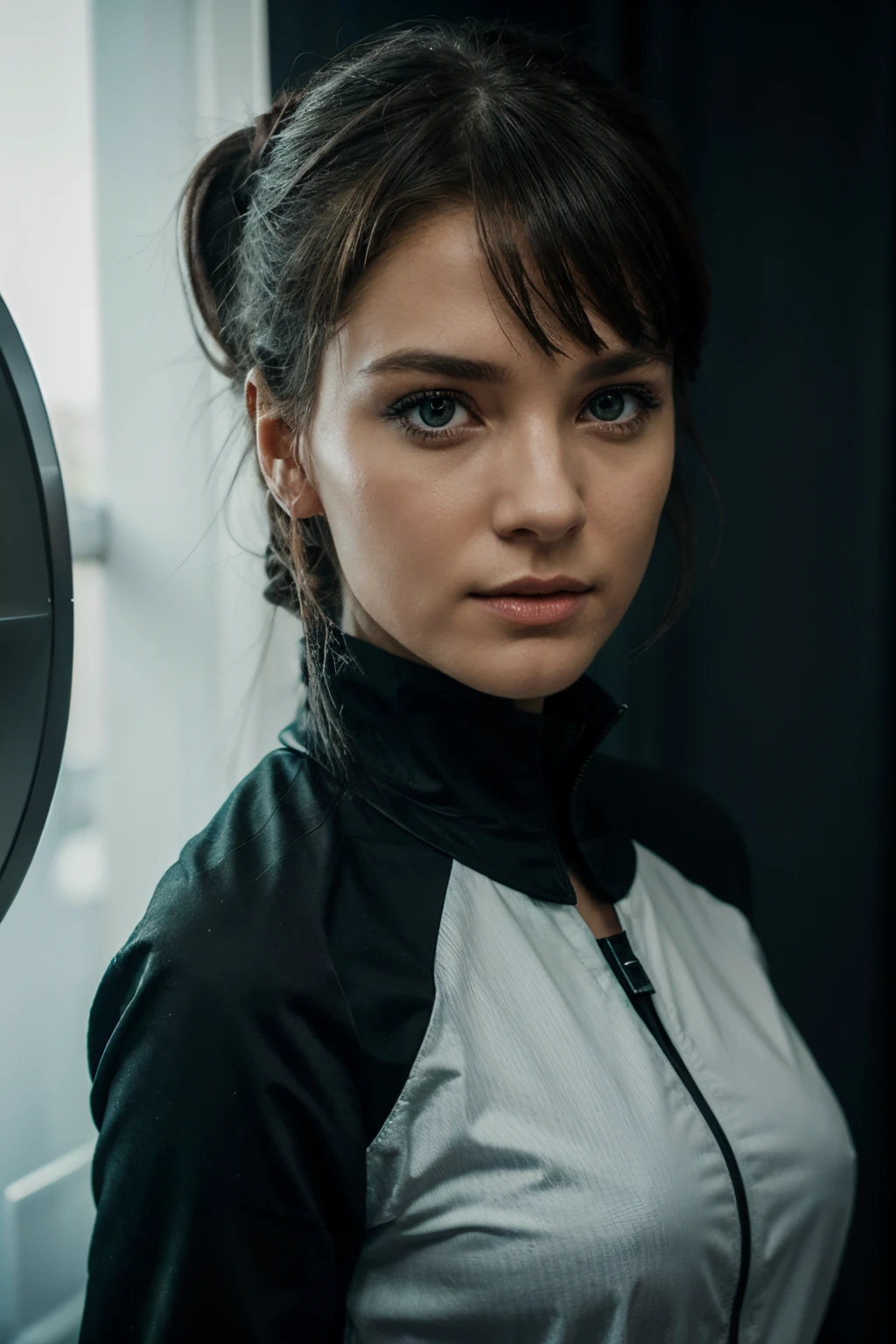 Science-Fiction,Science-Fiction,filme,Raum,atmosphere,Himmel,Schlachtschiff,Frauen,Erwachsene,green eyes,schwarzes Haar,(Pia Pony Frisur) : 1.8 ),Allgemeine Uniform, Realistische Gesichtsdetails,Realismus,3D-Gesicht,