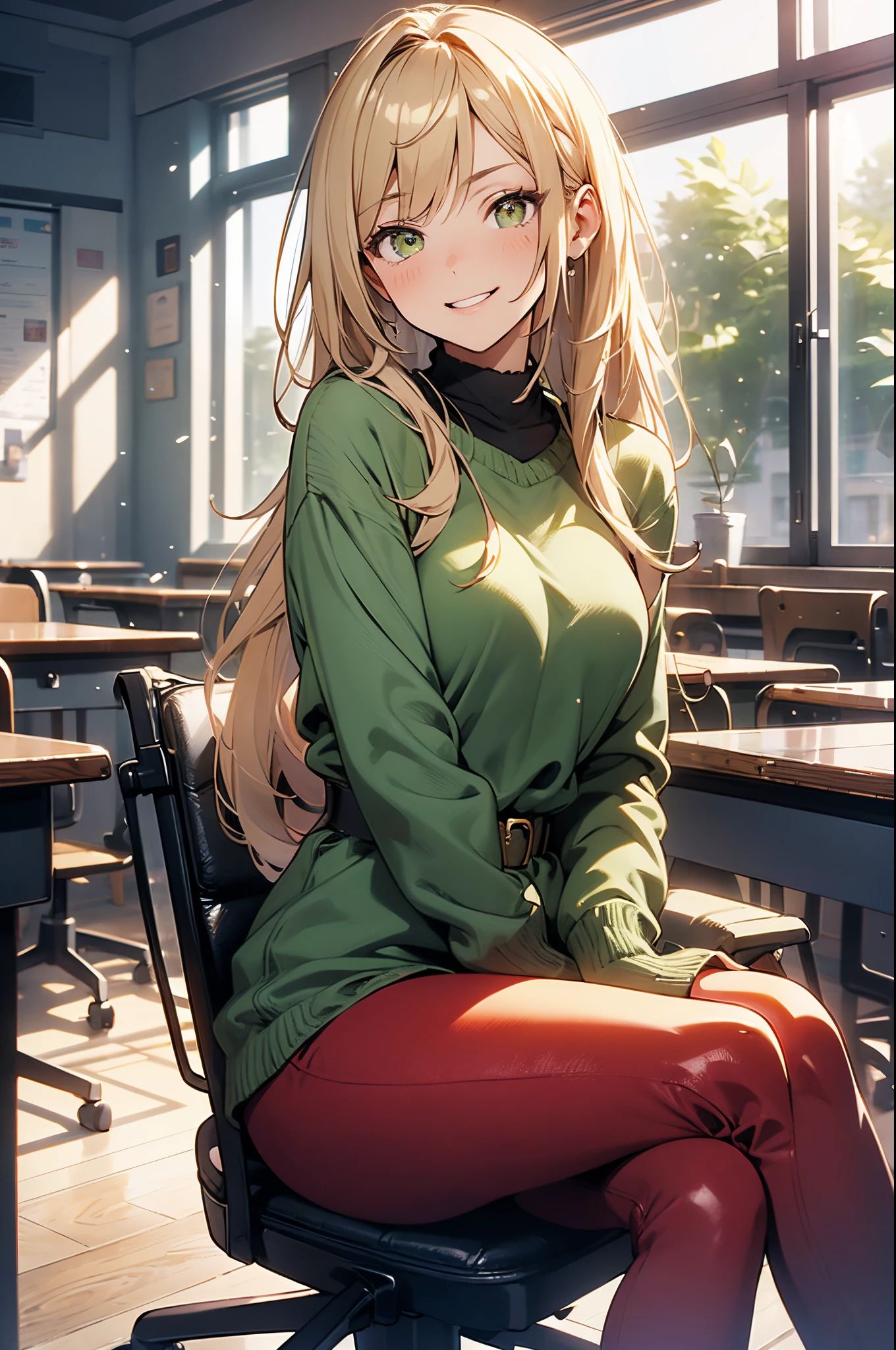 1girl, solo, , loose blond hair, wearing velvet red leggings and green sweather, sitting on a chair in classroom, crossing legs, smiling embarassed, side view, bare forehead, hooked nose, puffy cheeks, small breast, alluring, flirty, confident, scornful look, malicious smirk, detailed face, detailed yellow eyes, detailed irises, thick fleshy lips, medieval, high res, best quality, ultrasharp, 8K, cinematic, green wall behind