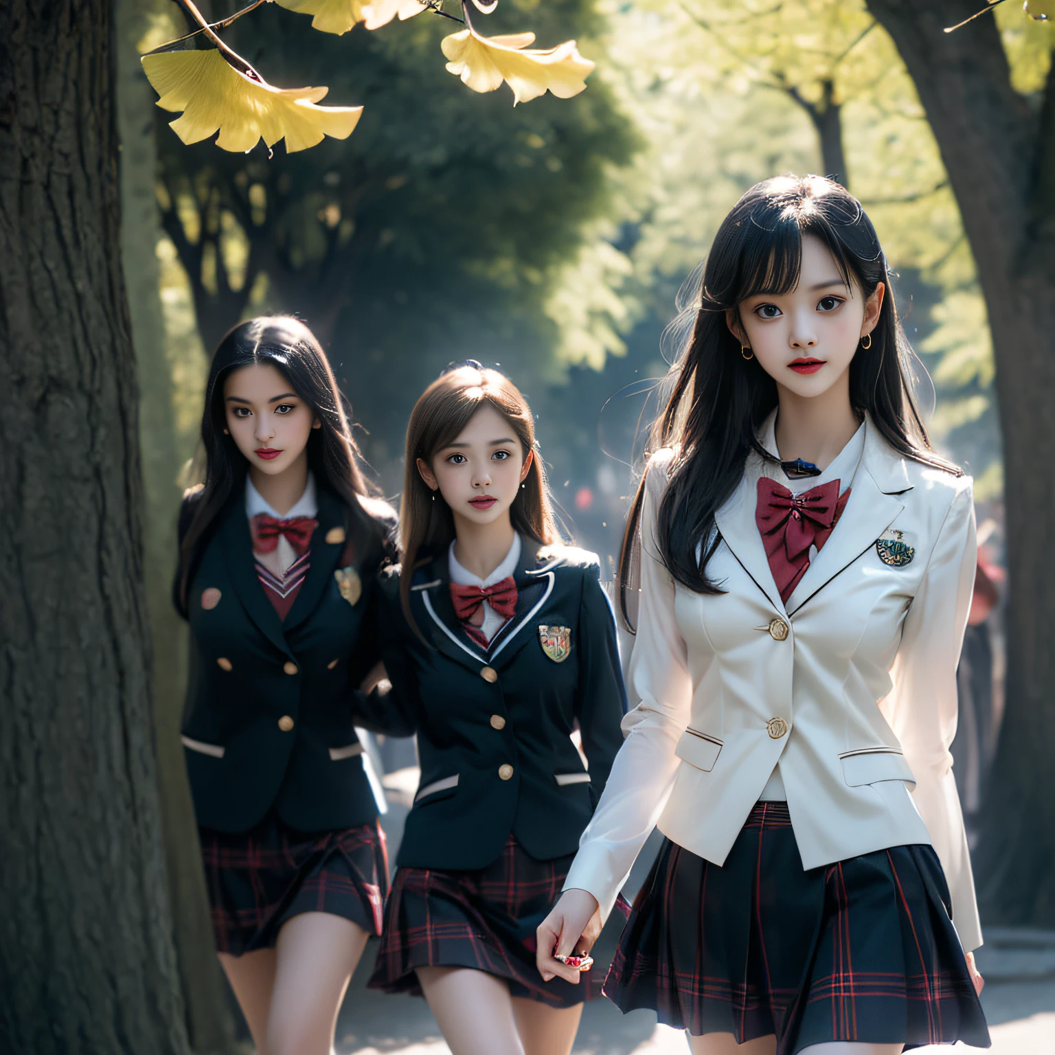 (( Girls walking along the ginkgo trees))，Charming eyes，Heartwarming action，Turn your face away from the camera，stooped，Bend over，turn back，Look up at your head，thick and long black hair，Highly detailed body，Highly detailed face，best qualtiy、(P boobs iNK underwear),(High School Girls),((White Blazer、emblem on breasts))、((Translucent blouse)),((red bowtie)),((navy check flare skirt)),(black stocking loafers