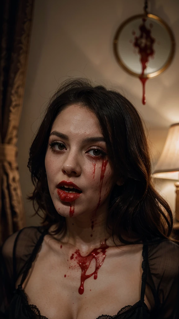 1woman she  a vampire with silk babydoll, With Blood dripping from the mouth