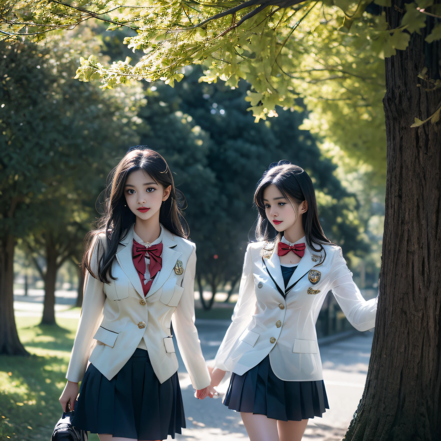 ((Girls standing on a row of cherry blossom trees)),top quality work,Real work,Ultra premium graphics,8K HD CG Works,high quality graphics,High-definition CG works,10x pixels,super fine details:1.1,Advanced technical details:1.1Photo-realistic,indoor lighting effects:1.5,Natural light:1.5. light effect(virtual light effect:1.8),超A high resolution,shiny red dress,長いsilver hair,silver hair,transparent hair,high detail hair(premium hair detail:1.1)clear eyes,beautiful double eyelids,sharp eye makeup, delicate eyelash makeup, thin eyebrows, highly detailed eyes,high nose, nice red lips, rose cheeks, A face with delicate makeup , cute face, perfectly proportioned face,(Advanced facial details:1.1),shiny,Wonderful dress,bright red series,(white blazer) 、(white blouse)、(red bow tie)、(checked skirt)、(My skirt flies up in the wind)、white panties are visible、girls school uniform、photo shoot,woman'artwork of,full body figure,Realism,wonderful,My eyes are shining today、(smile),(Cherry blossom petals are dancing)、((In a blizzard of flowers))、(smile),