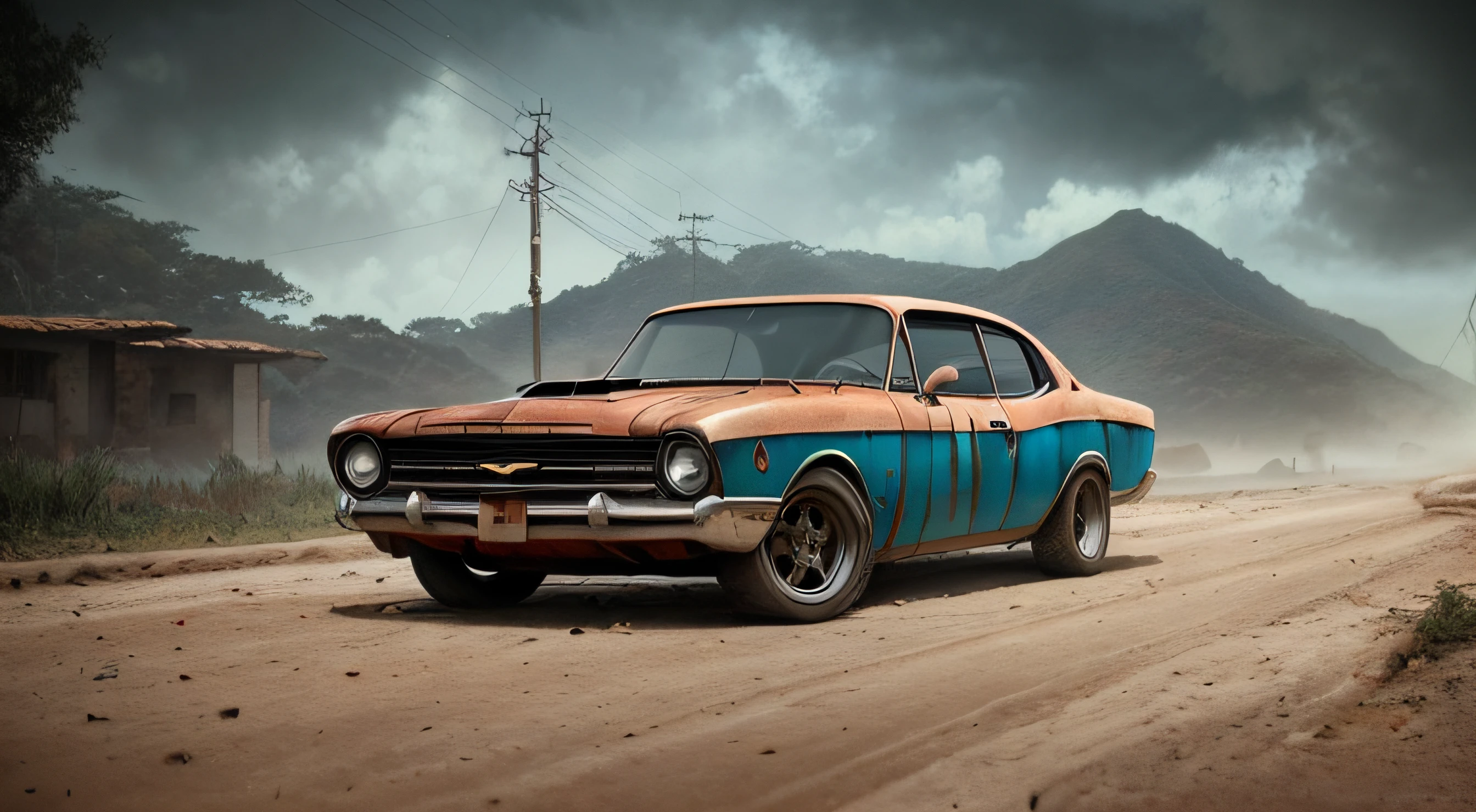 ((best quality)), ((master part)), ((Realistic)), (circunstanciado), Carro chevrolet opala abandonado na cidade de Havana, rusty muscle car standing on a street, tudo coberto de poeira, post apocalyptic, ((Fechar Tiro, 35 mm)), realismo, exploration, cinemactic, Realistic, octan render, Motor irreal, hiper detalhado, volumetric light, moody cinematic epic concept art, pintura fosca realista, arte conceitual, insanamente detalhado, , ((master part)), absurdos, HDR
