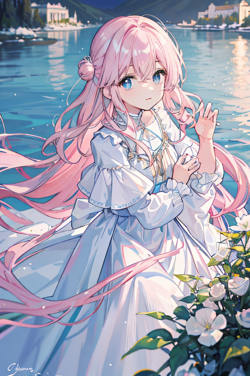 Long light pink slightly curly hair，light blue  eyes，As estrelas，Greek myth in white dress lies on the lake in the evening garden