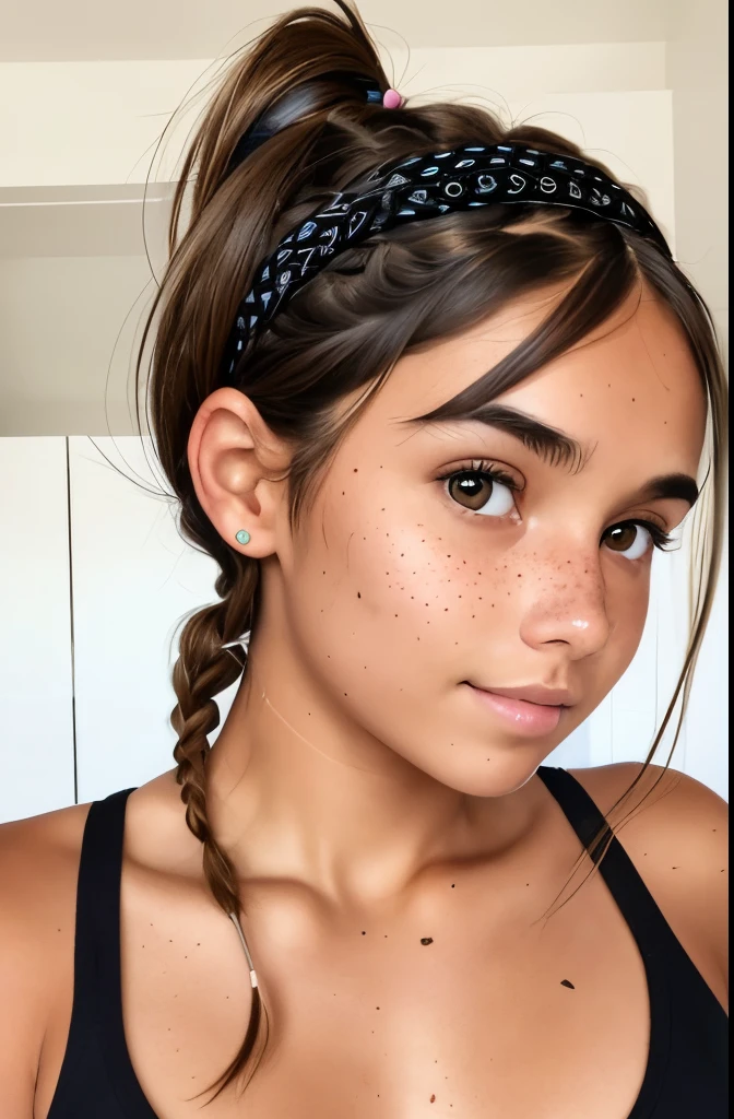 1girl. Tan skin, freckles on nose, freckles on cheeks, dark brown hair, wavy hair, hair braid, white bralette, black sweatpants, 20 years old, flat chested, hairband