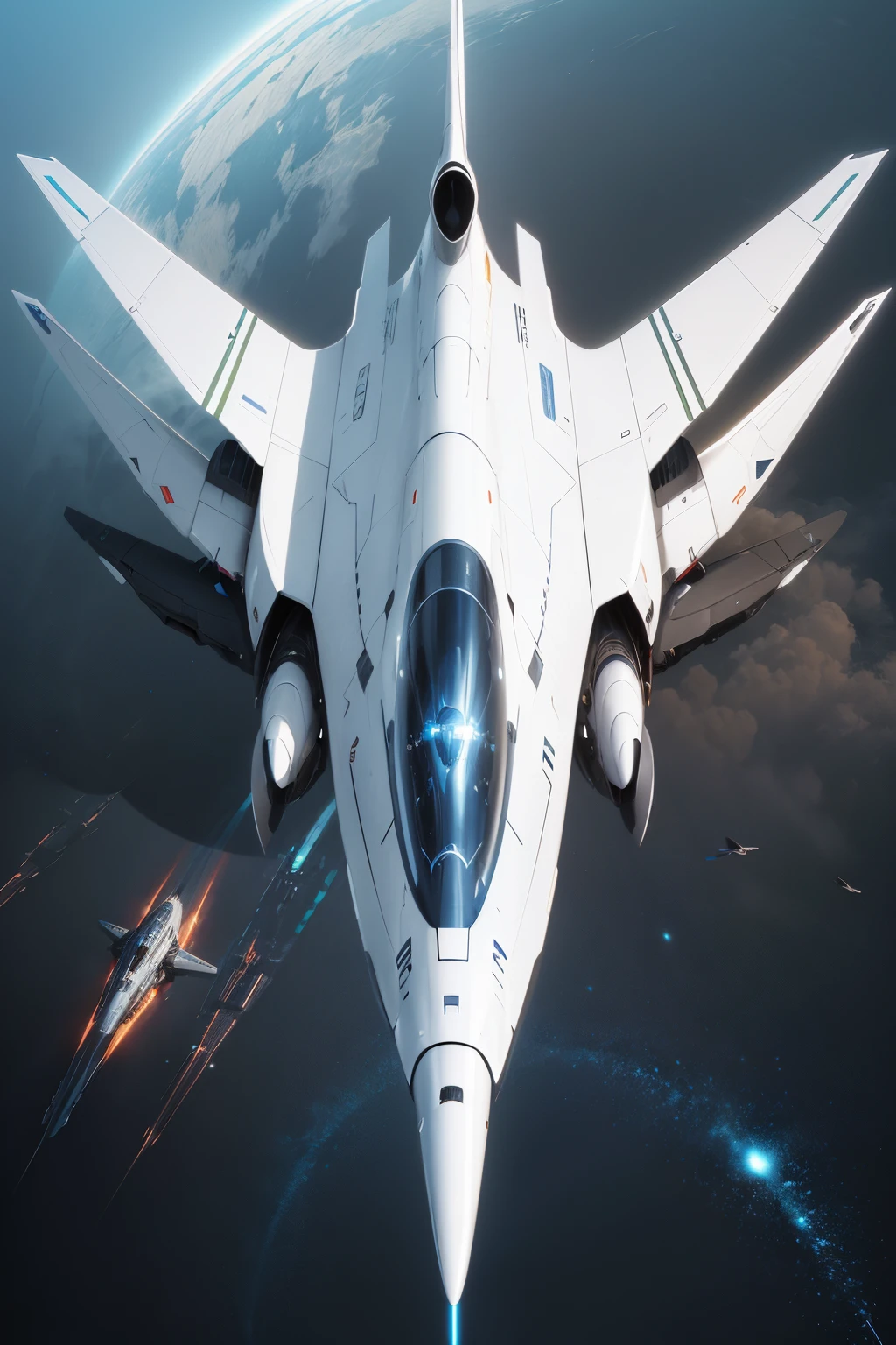 Futuristic fighter, Slick design, a streamlined shape, Maneuverability, high-speed fuselage colorwhite, Exudes a sense of futuristic technology, Equipped with energy weapons and laser cannons, The background  outer space, Panoramic view from directly above., three sided view