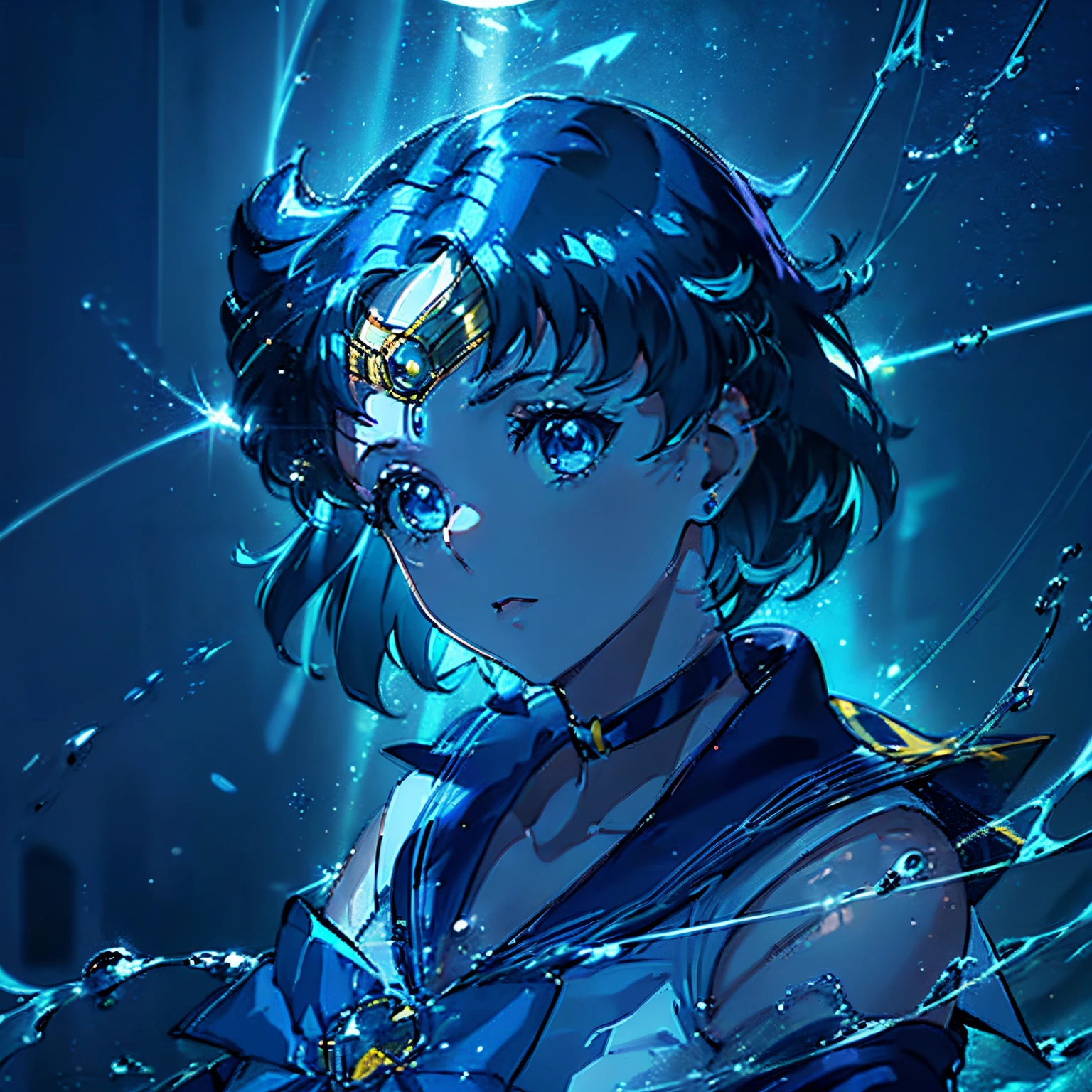 1girl, yellow spotlight, silhouette, (portrait of sailor mercury looking up slightly), mer1, tiara, knee boots, blue choker, blue sailor collar, cute girl, blue hair, elbow gloves, sailor senshi uniform, beautiful face, friendly face, high quality, UHD, 8k detailed, detailed eyelowing water around her) , motion lines, ((single beam of light on her face)), backlit