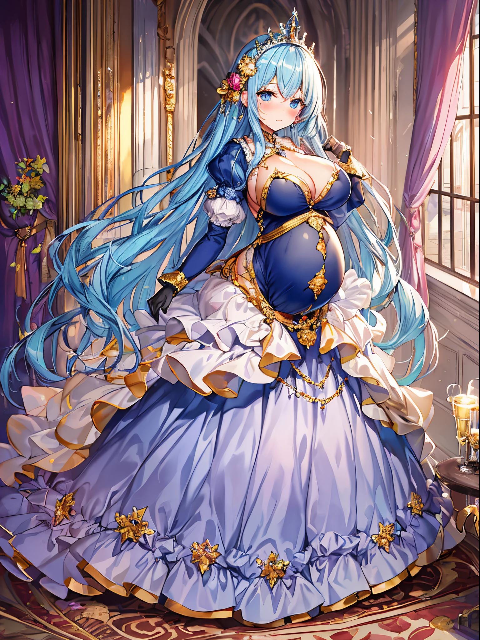 ultra-detailed, extremely detailed,((anime artstyle)),Masterpiece,(Best Quality),(Super Detail),(Very Delicate and Beautiful),((Solo)),((full body)),full body,((detailed face and eyes)),perfect eyes, rendered eyes,jewel-like beautiful eyes,((embarrassed,blush)),((1 pregnant princess in beautiful embroidery and jeweled gorgeous rococo ballgown with voluminous full length hoop skirt)),(((heavily pregnant))),((Crinoline,luxurious ruffles)),beautiful embroidery and jeweled gorgeous rococo ballgown with voluminous full length hoop skirt,(large amount of straight hair,extremely voluminous Very Long straight Hair,Absolutely Long Straight Hair),(((very gigantic boobs))),skindentation,Bursting breasts,cleavage,(fantasy castle,luxury palace),long_gloves,extremely gorgeousfull jeweled hair ornament,(bling-bling extremely gorgeousfull jeweled tiara),(luxurious jewelry),full body,beautiful embroidery and jeweled gorgeous rococo princess ballgown with voluminous full length hoop skirt