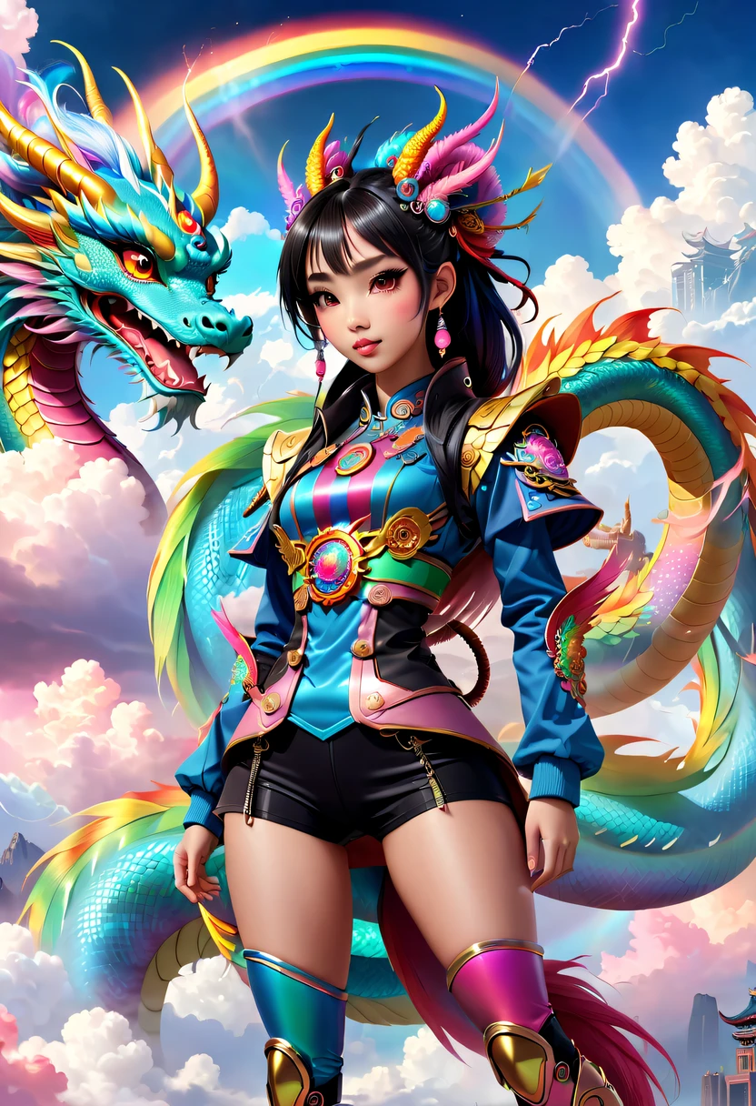 Futuristic girl and cute chinese dragon,Colorful auspicious clouds,Chinese dragon tail,chinesedragon,Anatomical correct,Rainbow Cloud Lingling,future-tech,cyber punk personage,Lightning magic