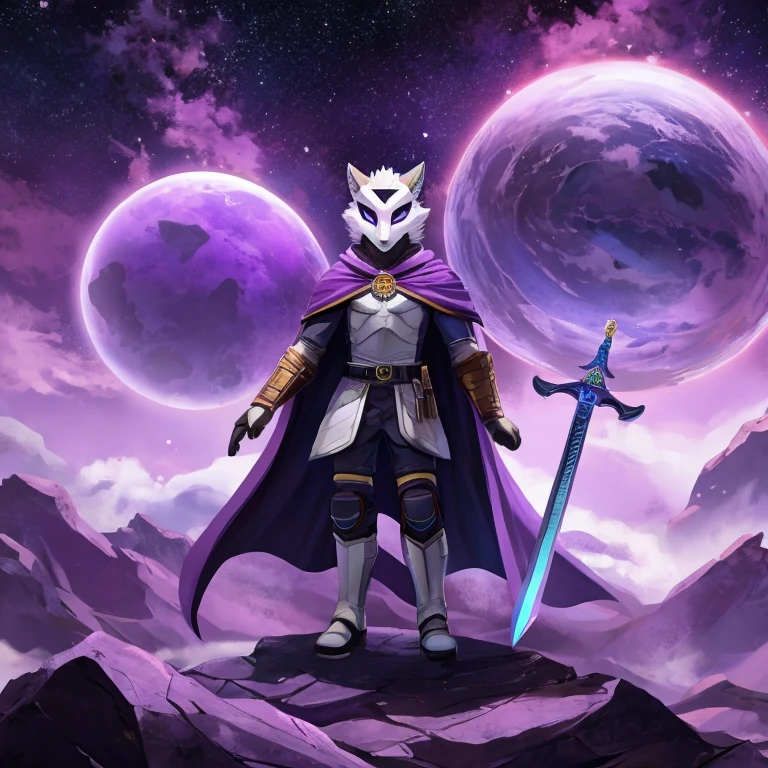 Full body , A masked being, cape, space warrior outfit, holding a purple katana, bracers, knee pads, white mask to hide the face, wolf ears, wolf tail, sword belt, neck amulet, gray floating islands, purple sky, purple void with purple clouds, multiple portals,