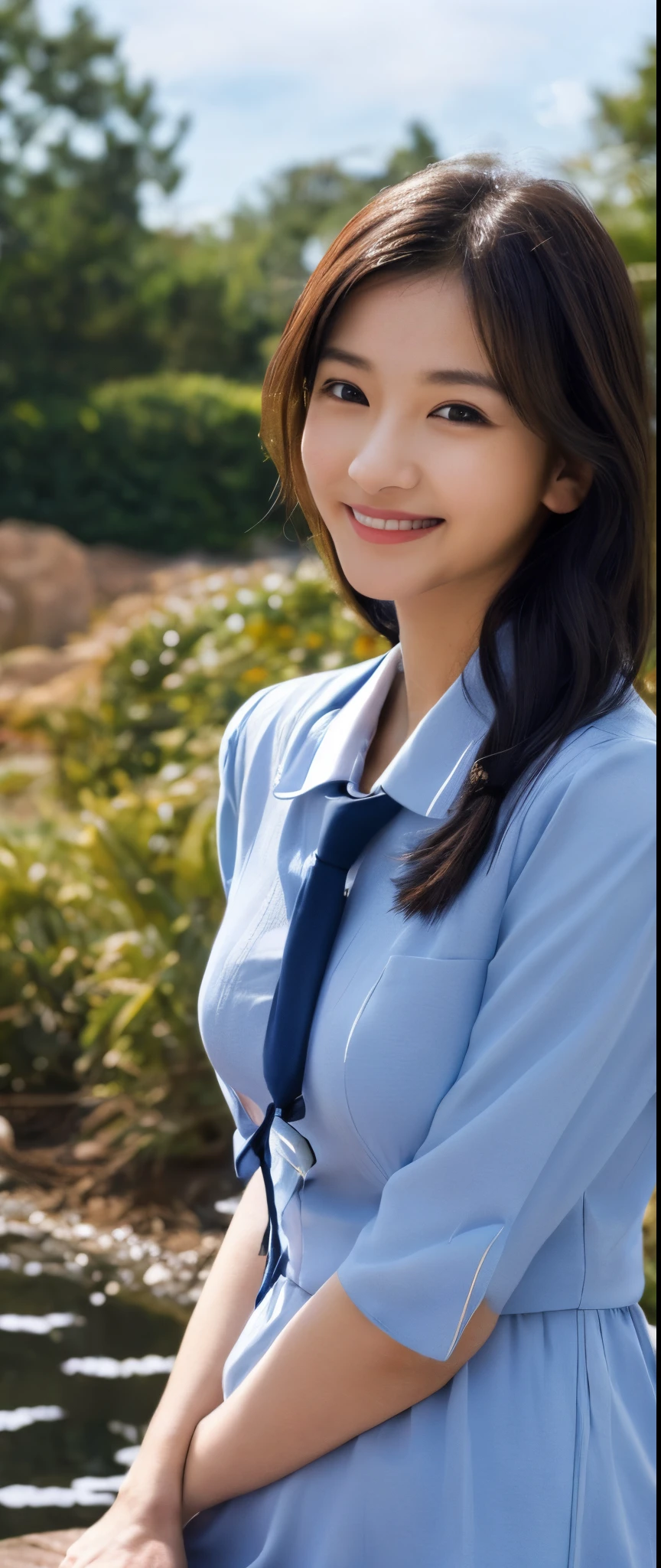 humble, Navy blue tie, Navy blue dress, light blue blouse, idol carving, Water's Edge, Wet, ssmile