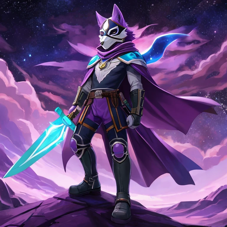 Full body , A masked being, cape, space warrior outfit, holding a purple katana, bracers, knee pads, white mask to hide the face, wolf ears, wolf tail, sword belt, neck amulet, gray floating islands, purple sky, purple void with purple clouds, multiple portals,