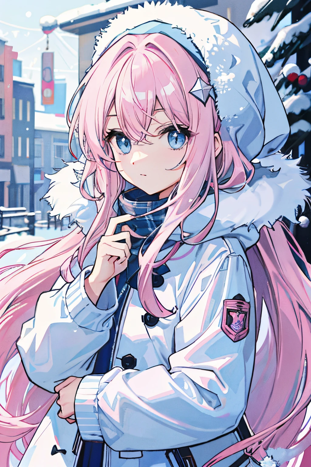 Long light pink slightly curly hair，light blue  eyes，star winter clothing snowy day