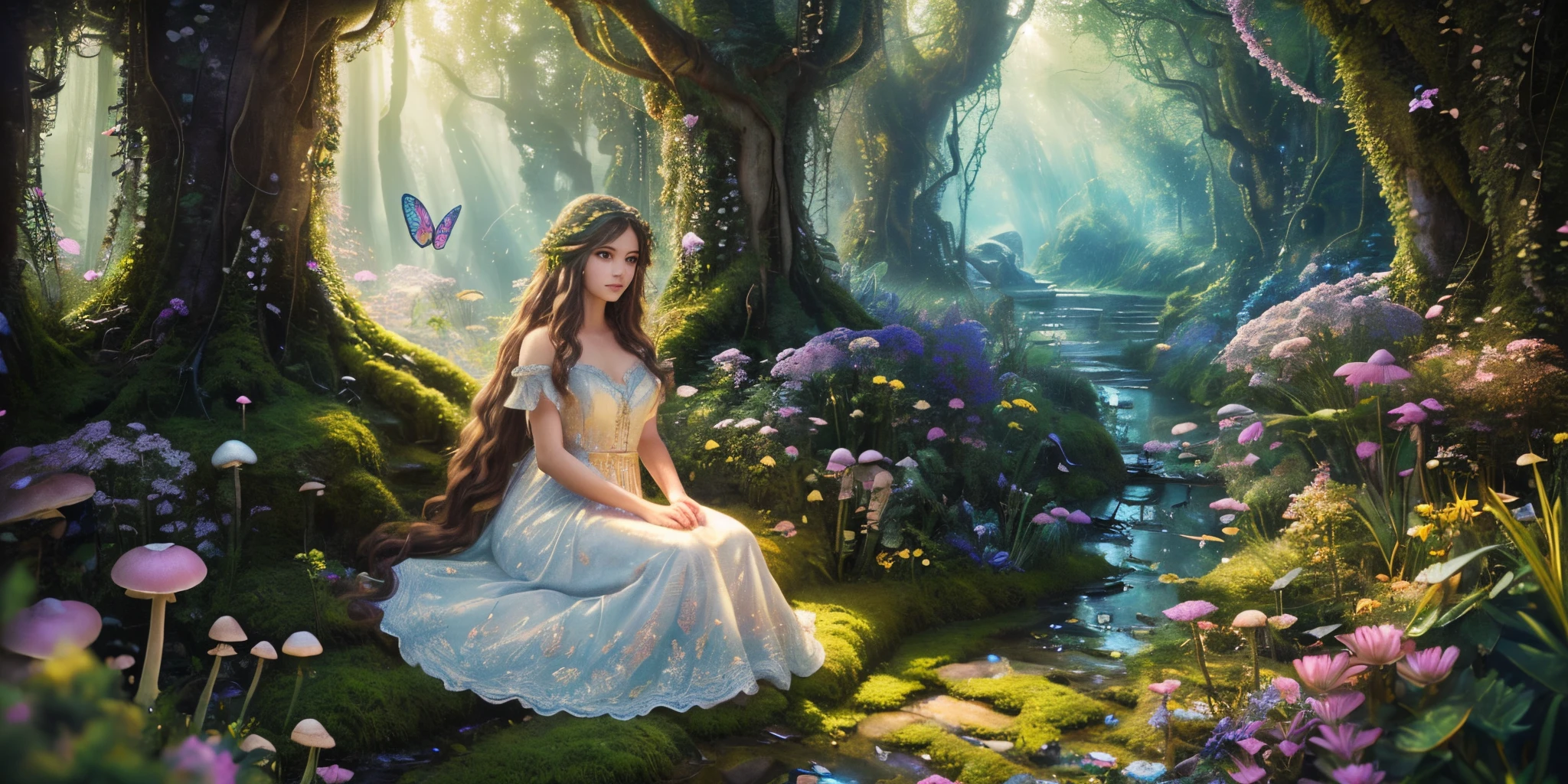((best quality)), ((masterpiece)), (detailed), highly detailed skin, ((ultra-detailed)), (sitting), sharp focus, HDR, 8K resolution, (illustration), (beautiful detailed eyes), (good hands), 1girl, fantasy, fairy tale, enchanted forest, (magical creatures:1.3), (ethereal atmosphere:1.4), (bright flowers:1.2), (mushrooms:1.1),
(moss:1.1), (butterfly:1.2), (brightness:1.3), (long hair:1.2), (flowing dress:1.3), (forest animals:1.1), (detailed background:1.4), (fancy lighting:1.4), (extravagant sensation:1.3), (storybook style:1.2), [girl:enchanted forest:0.9], [magical creaturetravagant sensation:0.8], [glow: bright flowers:0.7], [butterfly:mushrooms:0.6]
