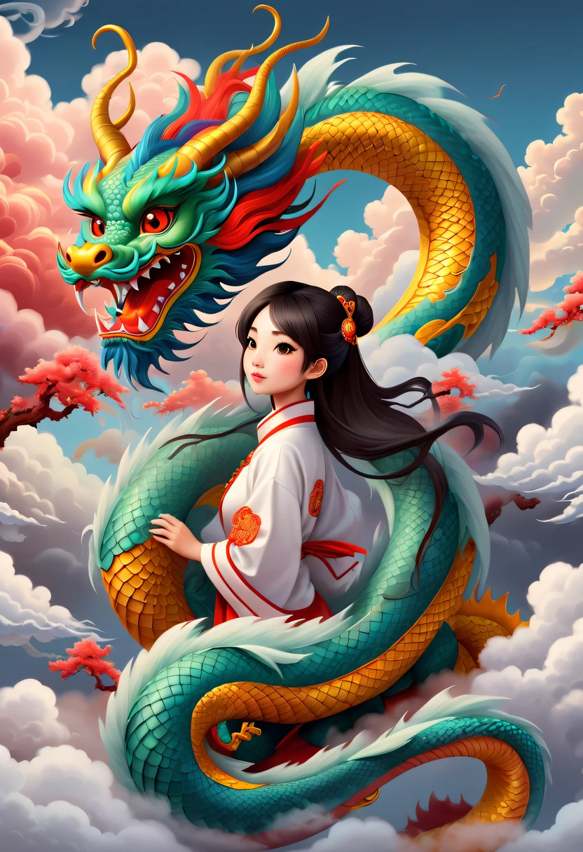 Modern girl and cute chinese dragon，Colorful auspicious clouds，Chinese dragon tail，chinesedragon，Anatomical correct，Cloud fog