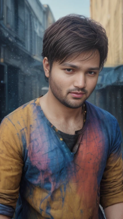Colorful beautiful young man: a man 28-years old, messy hair, oil painting, nice perfect face with soft skinice perfect face, blue yellow colors, light purple and violet additions, light red additions, intricate detail, splash screen, 8k resolution, masterpiece, cute face,artstation digital painting smooth veryBlack ink flow: 8k resolution photorealistic masterpiece: intricately detailed fluid gouache painting: by Jean Baptiste Mongue: calligraphy: acrylic: watercolor art, professional photography, natural lighting, volumetric lighting maximalist photoillustration: by marton bobzert:, complex, elegant, expansive, fantastical, wavy hair, vibrant