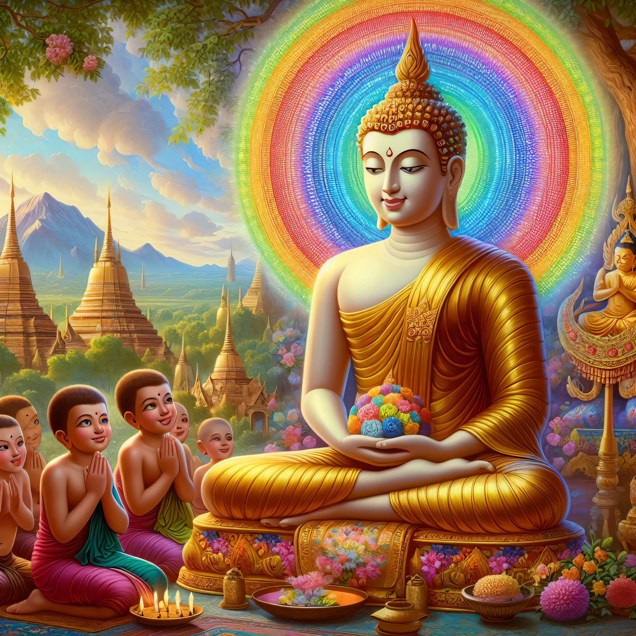 buddha with children sitting in front of a rainbow - colored image, buddhism, buddhist, buddhist art, the buddha, thailand art, a beautiful buddhist mandala, buddha, on path to enlightenment, on the path to enlightenment, patron saint of 🛸🌈👩🏾, spiritual enlightenment, hindu stages of meditation, enlightenment, samsara, alex gray, buddhist architecture, by Wayne England