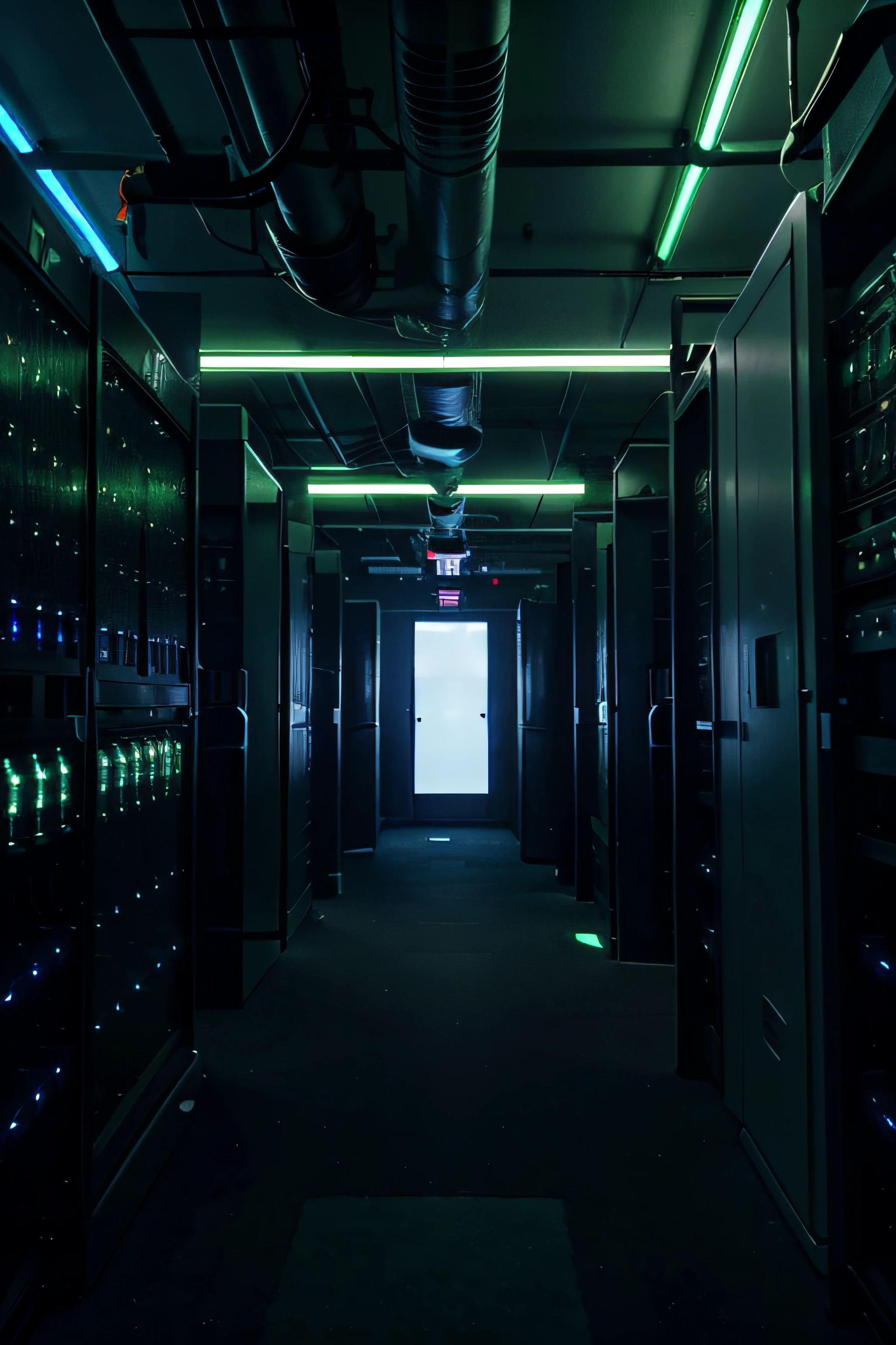 dark server room with blinking led blue and green lights