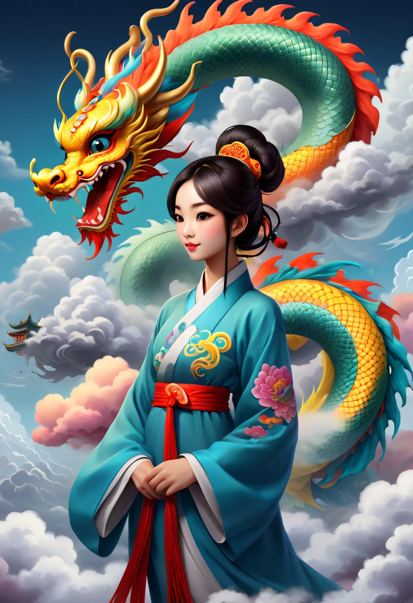 Modern girl and cute chinese dragon，Colorful auspicious clouds，Chinese dragon tail，chinesedragon，Anatomical correct，Cloud fog