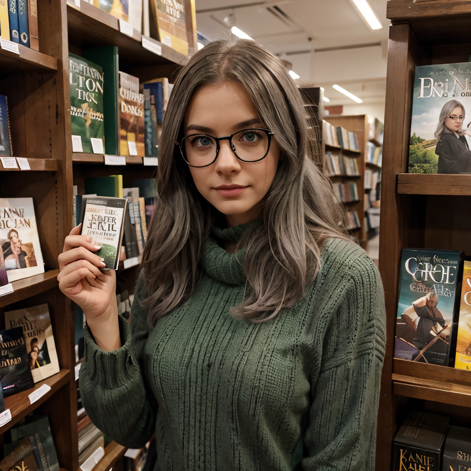 Green eyed girl in glasses, with grey hair, in a bookshop