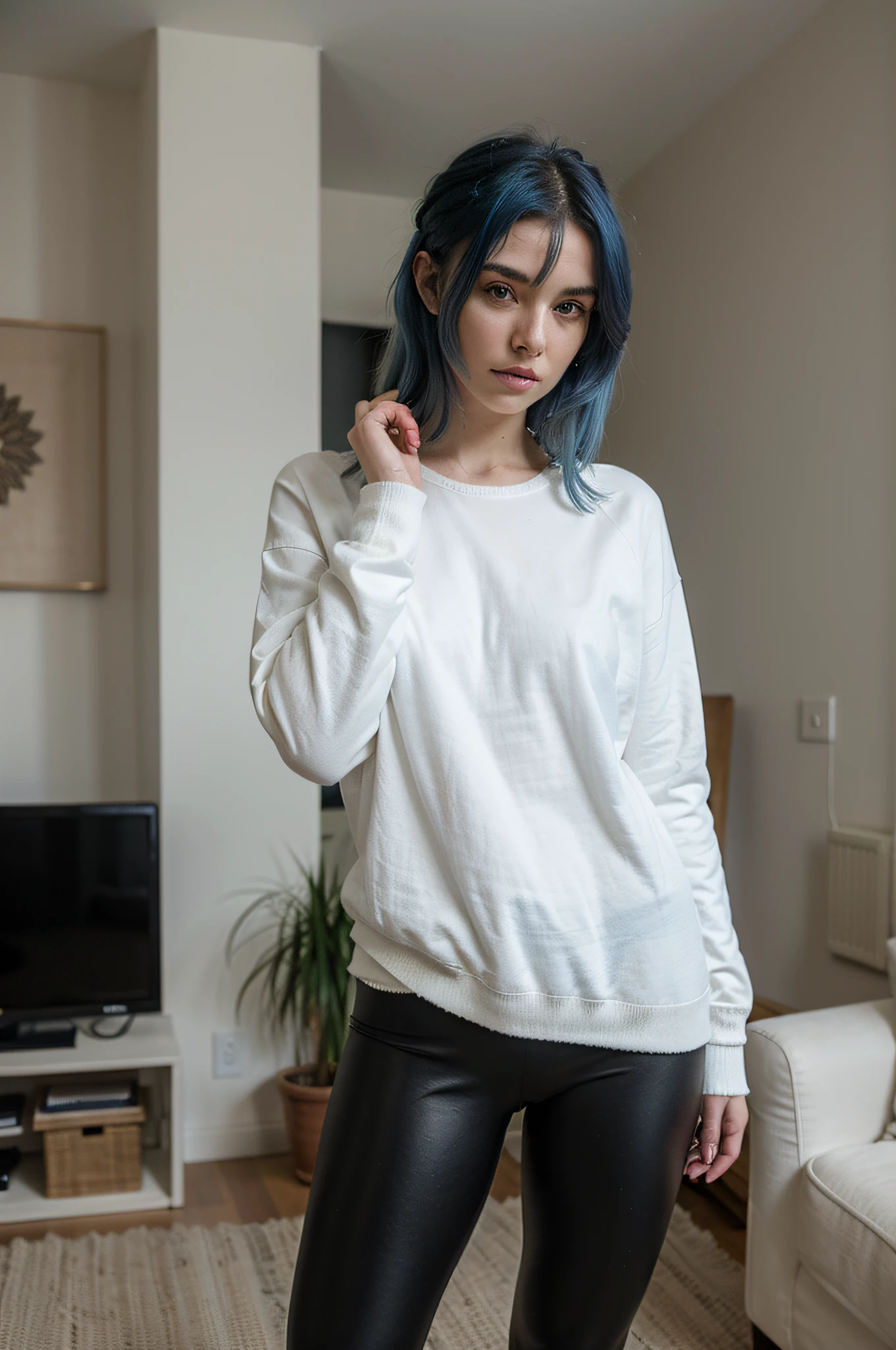 22 year old blue haired model, stands in her living room wearing a white sweater and black leggings