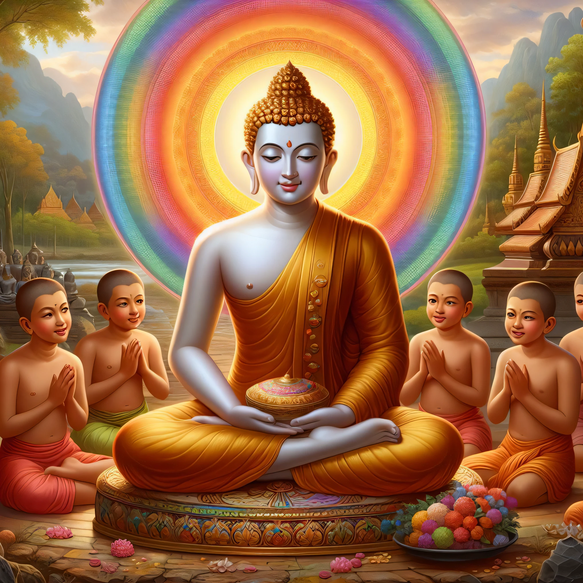 buddha surrounded by five children in a meditation position, buddhist, buddhism, the buddha, buddha, buddhist art, hindu stages of meditation, a beautiful buddhist mandala, samsara, spiritual enlightenment, on path to enlightenment, on the path to enlightenment, enlightenment, patron saint of 🛸🌈👩🏾, buddhist monk meditating, karma sutra, beautiful image, meditation