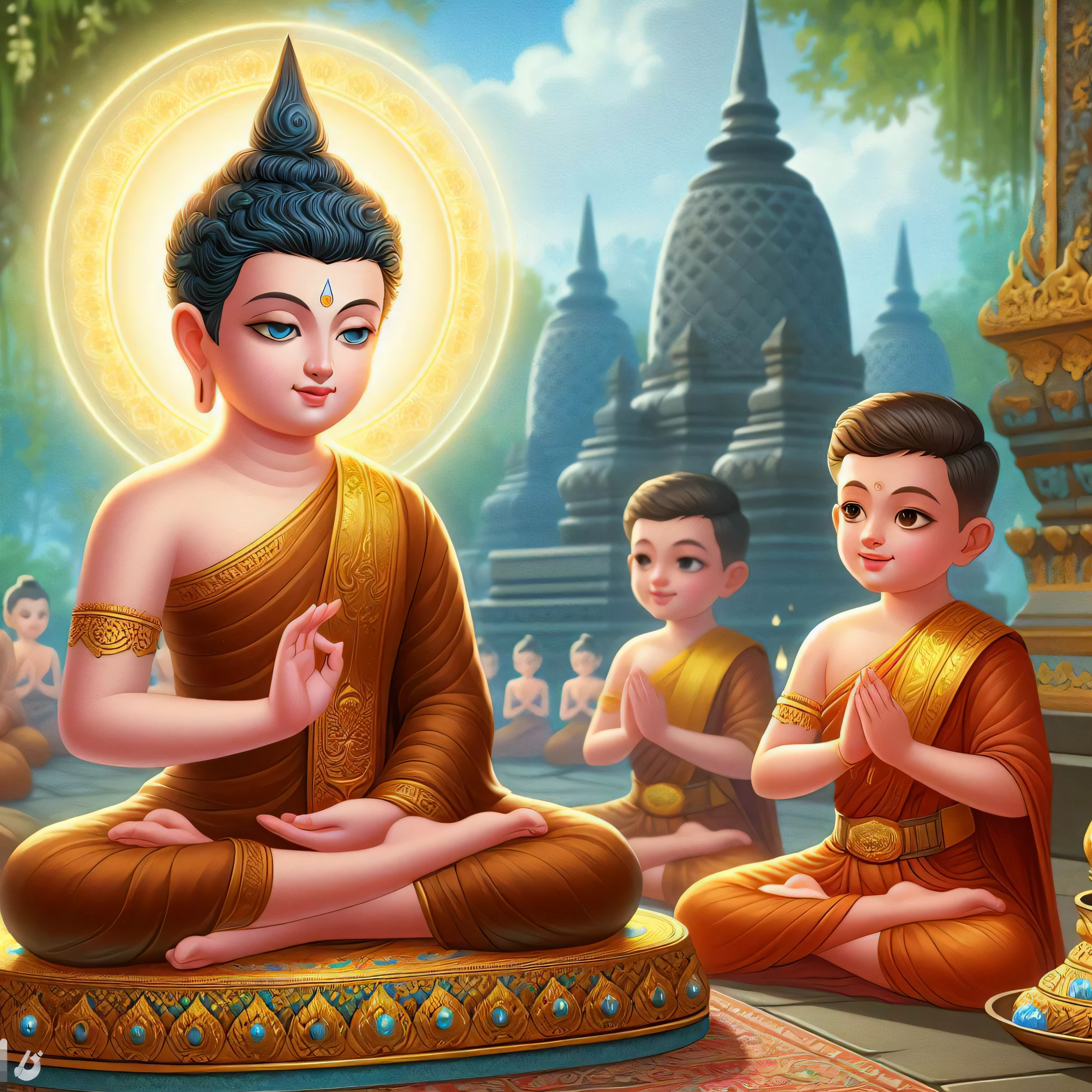 a painting of a group of young monks sitting in a temple, buddhism, buddhist, the buddha, buddhist art, buddha, hindu stages of meditation, on path to enlightenment, on the path to enlightenment, monk meditate, traditional art, temple background, buddhist temple, beautiful image, tithi luadthong, meditation, nivanh chanthara